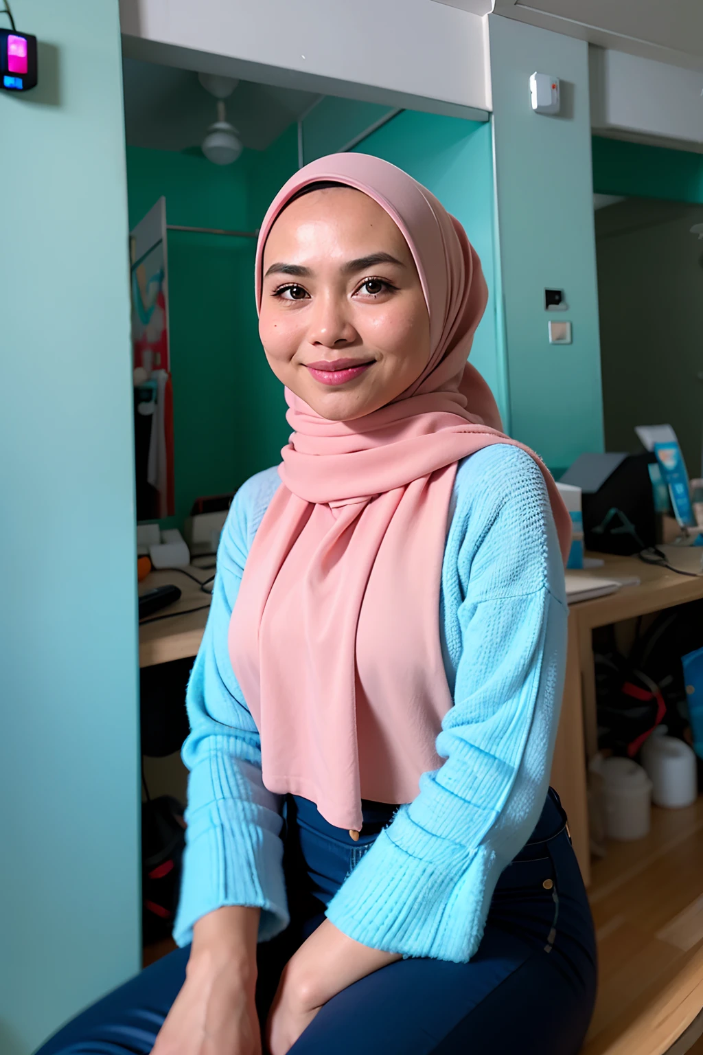 Malay girl in hijab wear oversized Tshirt, pastel color, seating in university classroom, front view, big smile, detail skin, detail skin texture, mole below eyes, big front teeth, small breast, wide hip, wide waist, thick thigh, beer belly, beautiful , evening, laughing, happy, bright lighting, blur background, bokeh, 8mm lens, Extreme close-up, pastel color grading, depth of field cinematography effect, film noir genre, 8k resolution, high quality, ultra detail