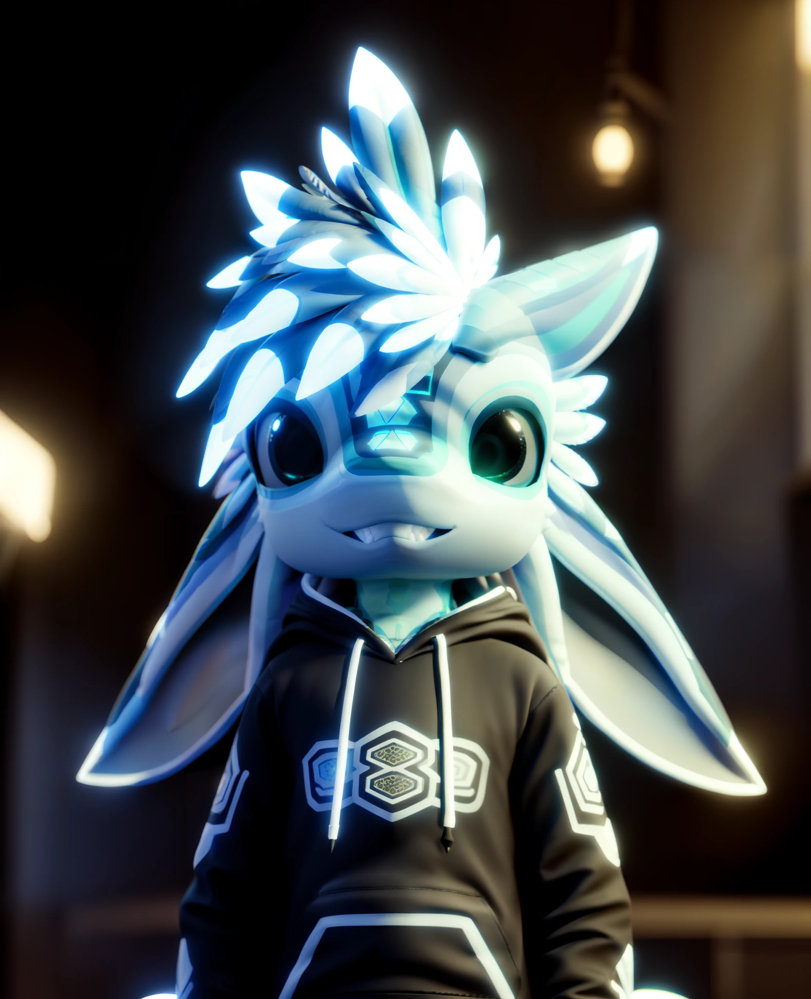 ((((((avali, davali))), standing, hoodie, smiling, feathers))), white glowing patterns, black and white glowing hairs, (white glowing feathers and ears, big eyes, black eyes, cute, hoodie, focus, very blurry background, dust), unreal engine 5 quality render, a 3D render, realistic lighs, ultra detailed, eonn