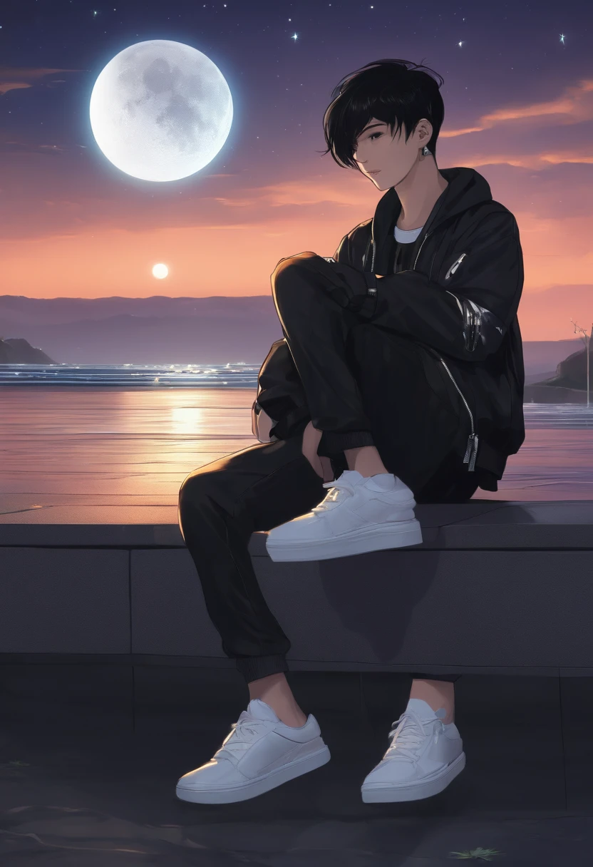 18 year old boy, (Black hair, long bangs, hair shaved on the sides,) wearing a black jacket, futuristic white/silver shorts and technological sneakers, SITTING ALONE IN A SQUARE, POLISHING A JOKE, BACKGROUND VIEW TO THE SEA , STARRY SKY AND A BEAUTIFUL MOON,