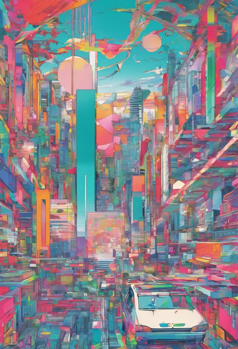 Glitchcore book pages, colorful illustrations
