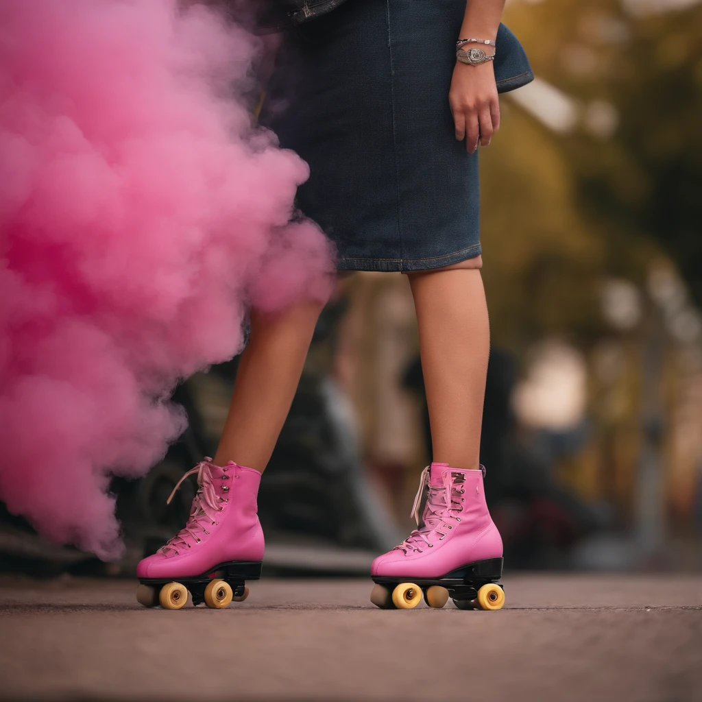 Ava Max on roller skates blowing smoke from pink roller skates