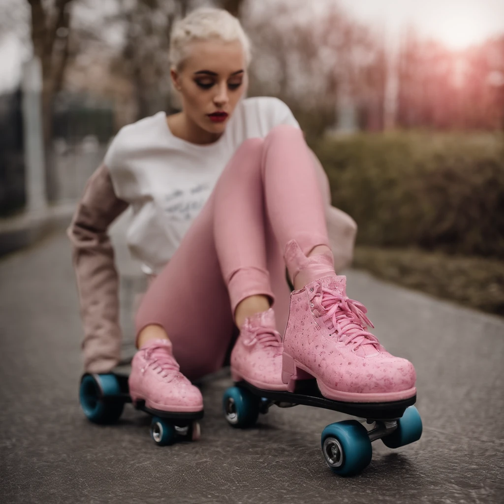 Ava Max on roller skates blowing smoke from pink roller skates