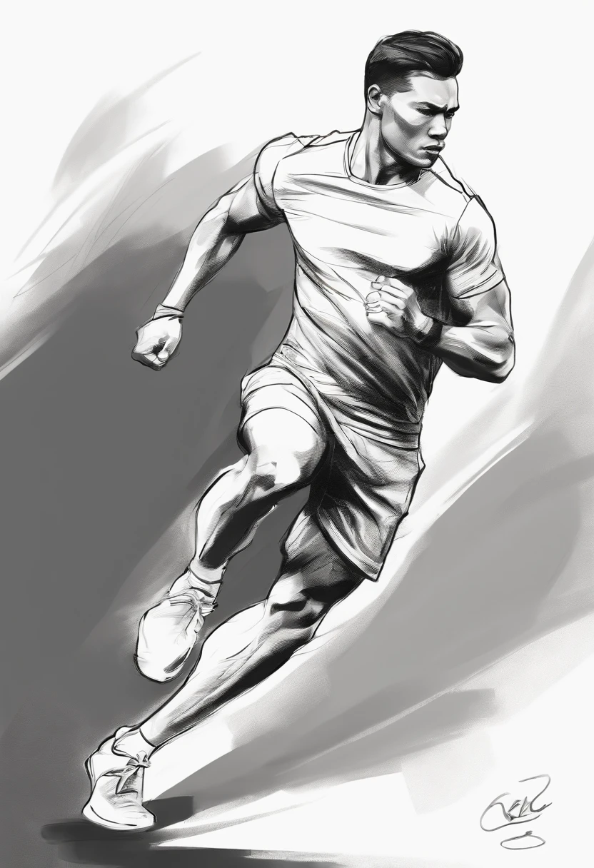 Sketch of rough coal without background, Muscular male figure,Asian people,Running stance,Black sports short sleeves,Black sports shorts,Side full body sketch,Clean line art,+Expressive lines,In the expressive sketch painting style, hatching, Black and white sketch, handpainted, Linear style::Sketch note style sketch