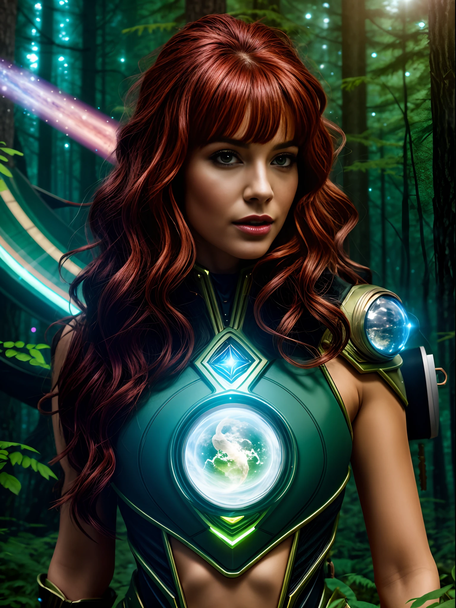 Closeup image of a sexy space warrior woman in forest with her space ship, mystical world, magical animals and glowing species around, searching for her lost key