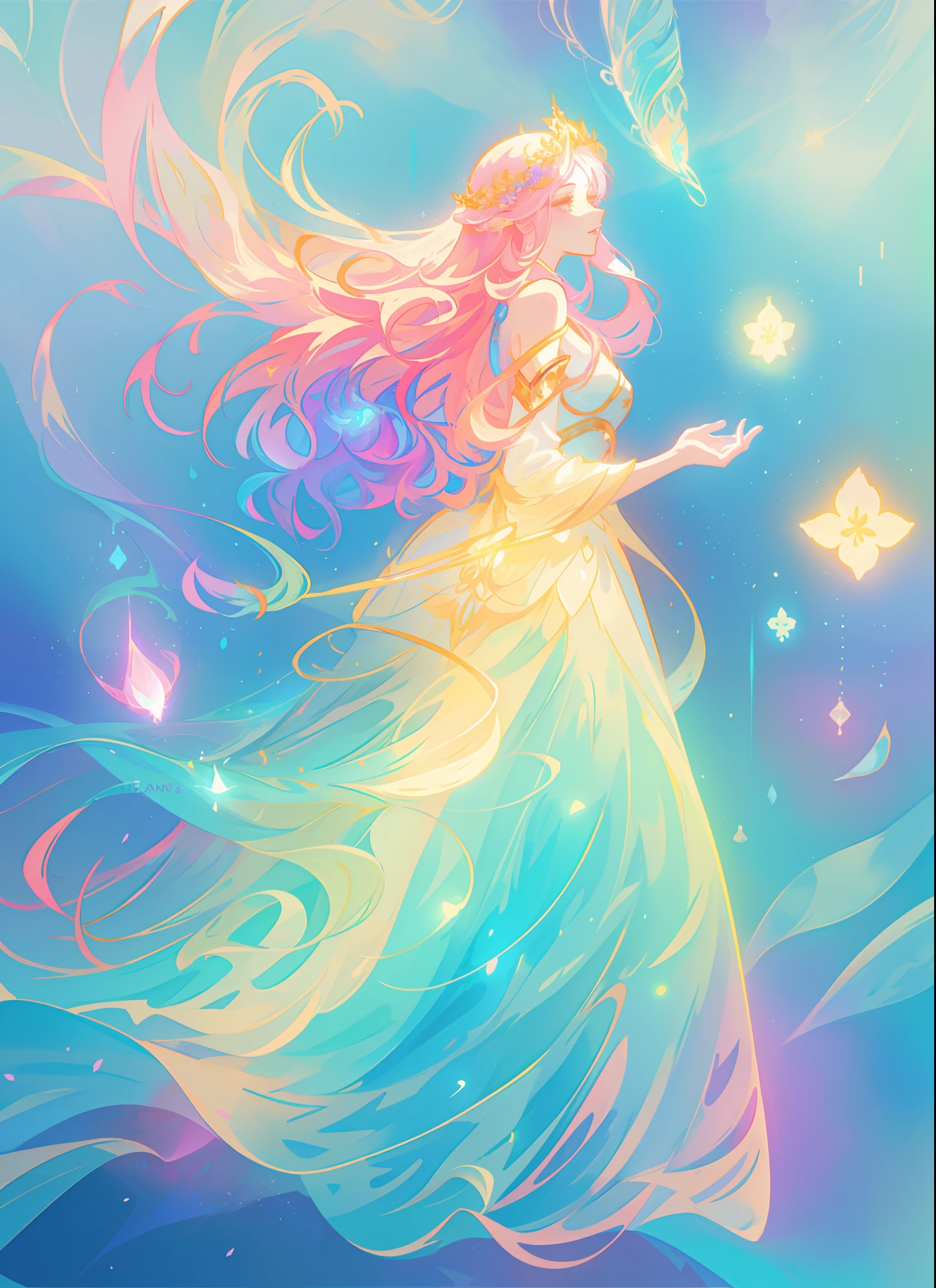 beautiful girl in flowing ballgown, flowing long hair, multi-layered ballgown, intricately detailed dress, colorful lights, pastel colors, magical, whimsical, sparkling, inspired by Glen Keane, inspired by Lois van Baarle, disney art style, by Lois van Baarle, glowing aura around her, by Glen Keane, jen bartel, glowing lights! digital painting, flowing glowing hair, glowing flowing hair, beautiful digital illustration, fantasia otherworldly landscape plants flowers, beautiful, masterpiece, best quality, anime disney style
