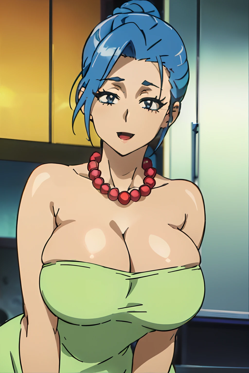 1girl, solo, jewelry, (((blue hair 1.8))), apron, necklace, earrings, smile, open mouth, looking at viewer, (top knot, brown eyes, upper body, hair up, shirt, ((red pearl necklace)), sleeveless, mature female, black eyes, :d, alternate hairstyle, collarbone, long hair, indoors, makeup, beads, blurry, short hair, stud earrings, updo, lipstick, bead necklace, empty eyes, bangs, blurry background,marge simpson,strapless, short dress, strapless dress, (((huge breasts))), ((green dress)), hand on breasts, highly-detailed eyes, milf, good hands, breasts squeeze together, kitchen, (((gradient shading 1.6)))