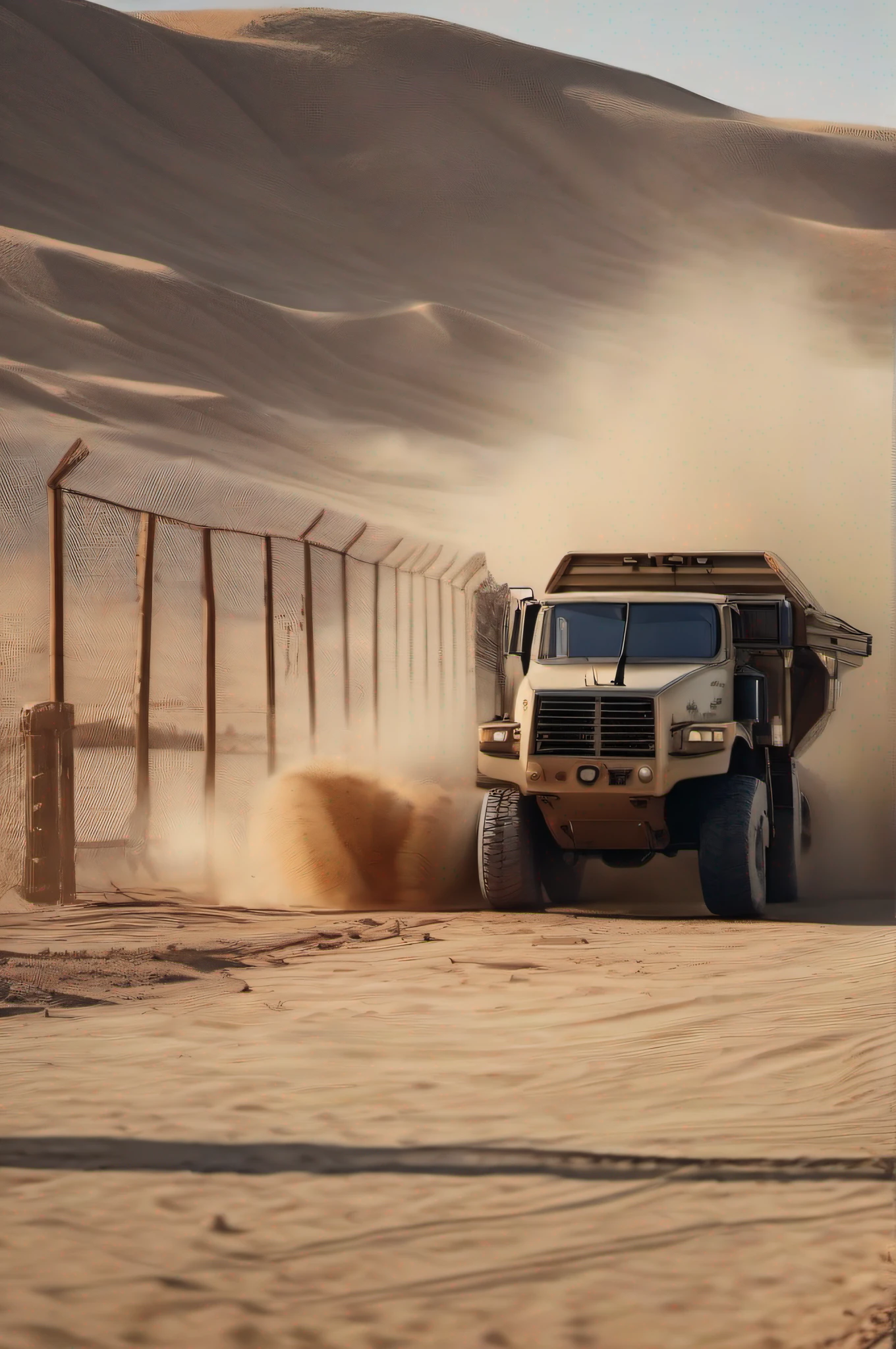 full view, military hammer truck, hammer breaking down the barrier, vehicle pulling out of the fence, vehicle going through the fence, sand ground, building far in the background, desert, high definition, hyperrealistic, realistic, dramatic lighting, 2:3, ultaHD