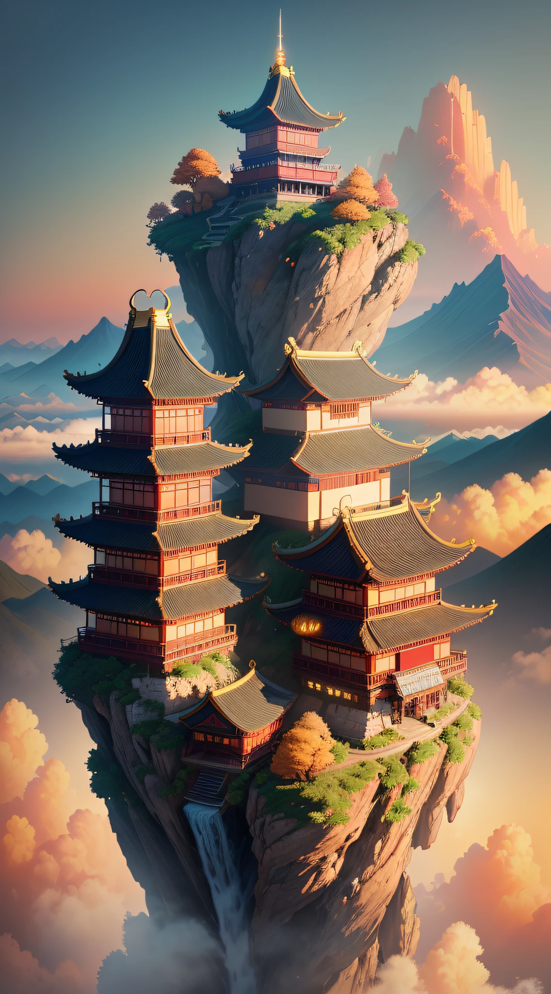 (Illustration:1.3) Detail of Chinese-style buildings in the mountains (artist Anna Dittman:1), (((masterpiece))), ((best quality))), (super detailed)), (detailed lighting), (very fine and beautiful))