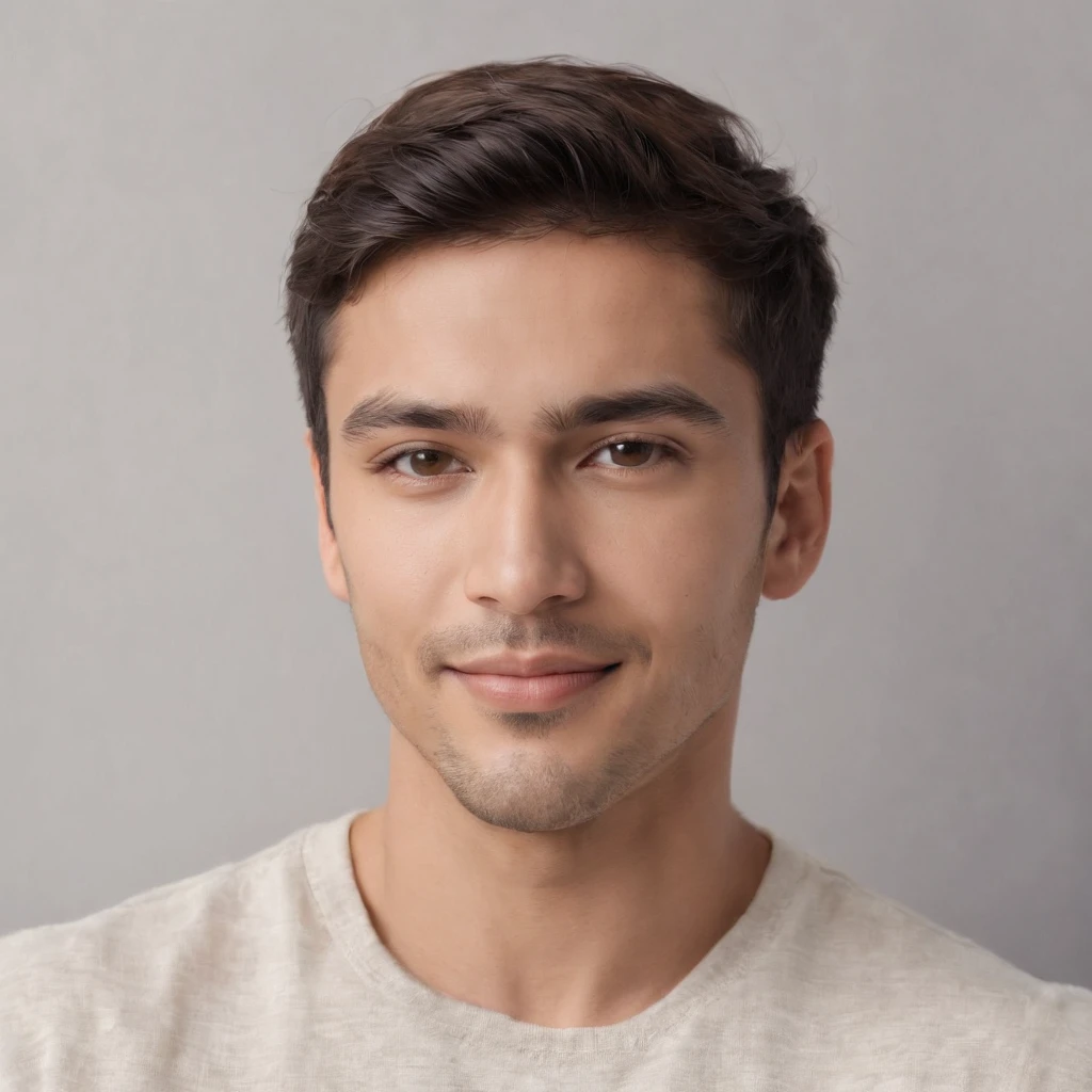 (photo: 1.3) af (realism: 1.3), (Hispanic), Latino man profile, (frontal close-up), soft light, clear face, happy, cheerful, warm light, white T-shirt, (off-white background), (blank background), ((gray wall background)) avatar, (short hair), smile, handsome, young,, short hair, smile, (close-up)