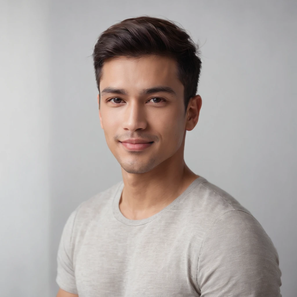 (photo: 1.3) af (realism: 1.3), (Hispanic), Latino man profile, (frontal close-up), soft light, clear face, happy, cheerful, warm light, white T-shirt, (off-white background), (blank background), ((gray wall background)) avatar, (short hair), smile, handsome, young,, short hair, smile, (close-up)