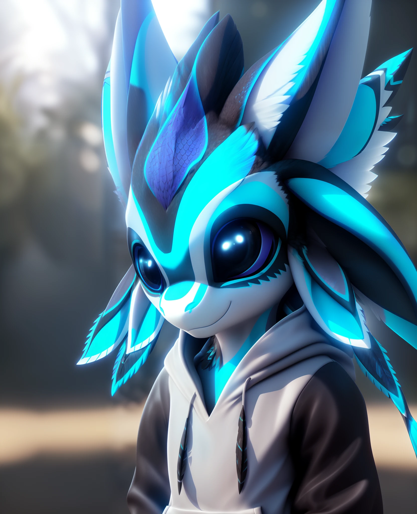 ((((((avali, davali))), standing, hoodie, smiling, feathers))), white glowing patterns, black and white glowing hairs, (white glowing feathers and ears, big eyes, black eyes, cute, hoodie, focus, very blurry background, dust), unreal engine 5 quality render, a 3D render, realistic lighs, ultra detailed, eonn