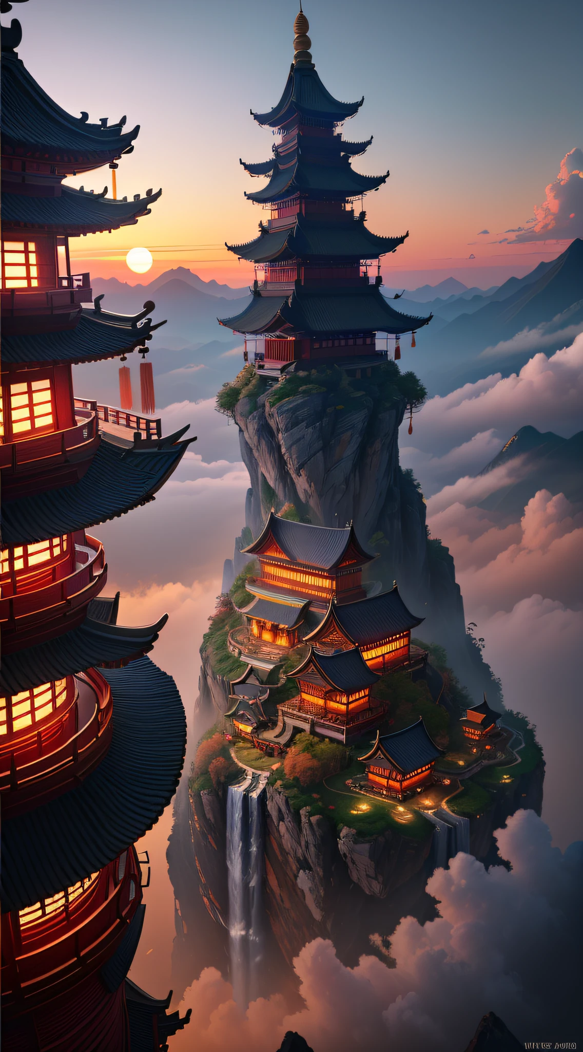 misty,golden light,billowing red clouds,auspicious clouds,auspicious air, purple smoke, best quality, ultra-detailed, masterpiece, best shadow,8k,official art,