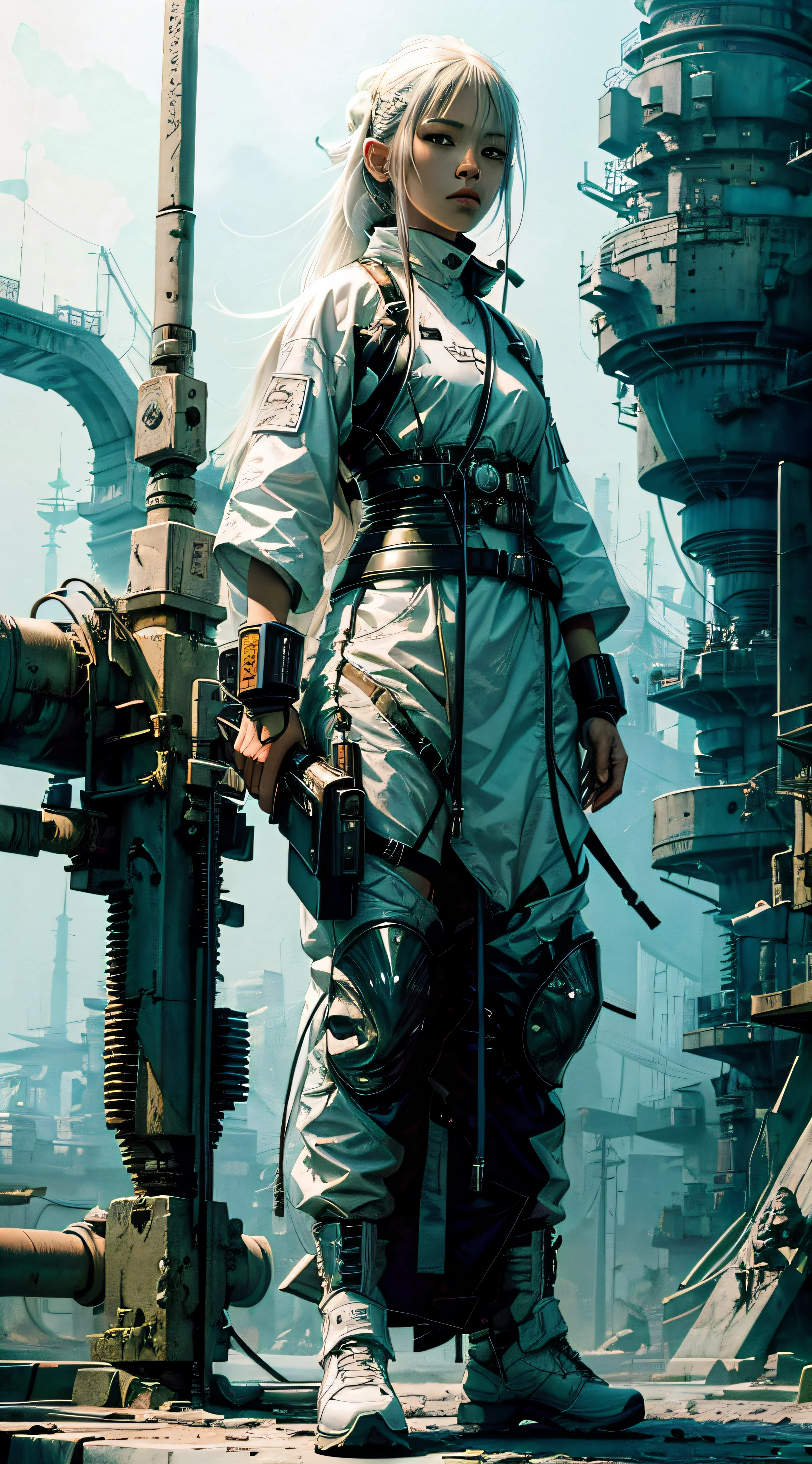 1monk warrior girl with white techwear clothes, white long hair, laces, abstract vintage scifi background, art by Moebius, art by Ashley Wood