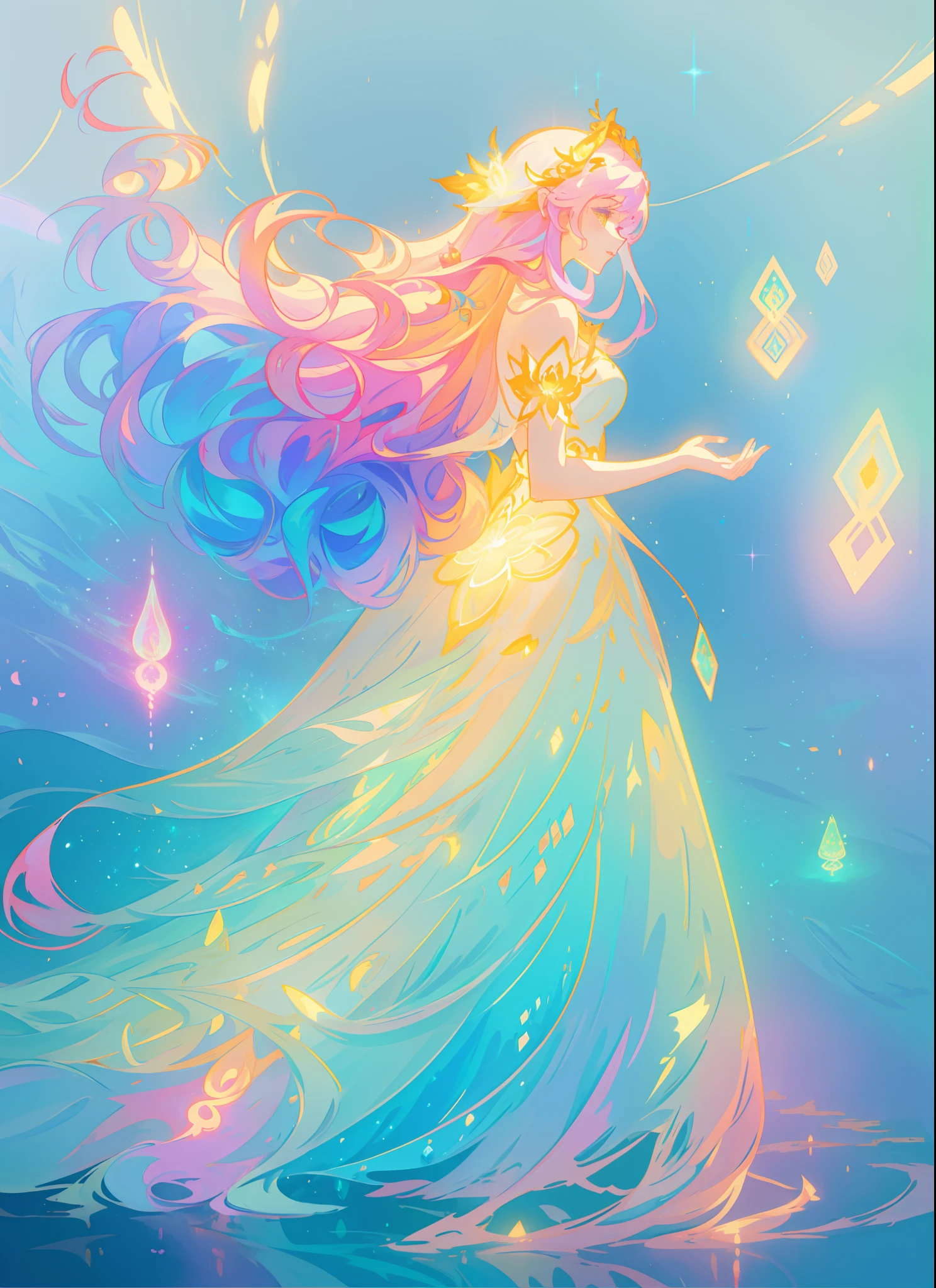 beautiful girl in flowing ballgown, flowing long hair, multi-layered ballgown, intricately detailed dress, colorful lights, pastel colors, magical, whimsical, sparkling, inspired by Glen Keane, inspired by Lois van Baarle, disney art style, by Lois van Baarle, glowing aura around her, by Glen Keane, jen bartel, glowing lights! digital painting, flowing glowing hair, glowing flowing hair, beautiful digital illustration, fantasia otherworldly landscape plants flowers, beautiful, masterpiece, best quality, anime disney style