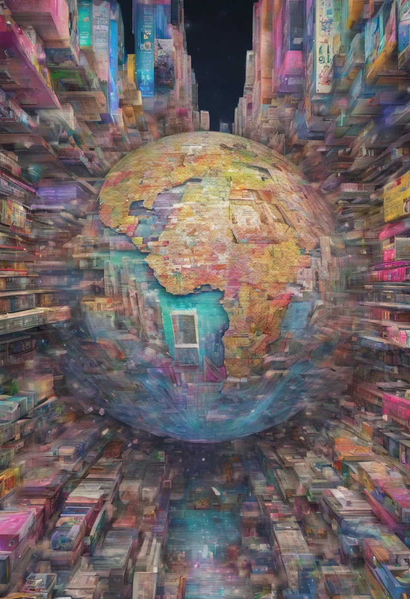 Glitchcore book pages, colorful illustrations