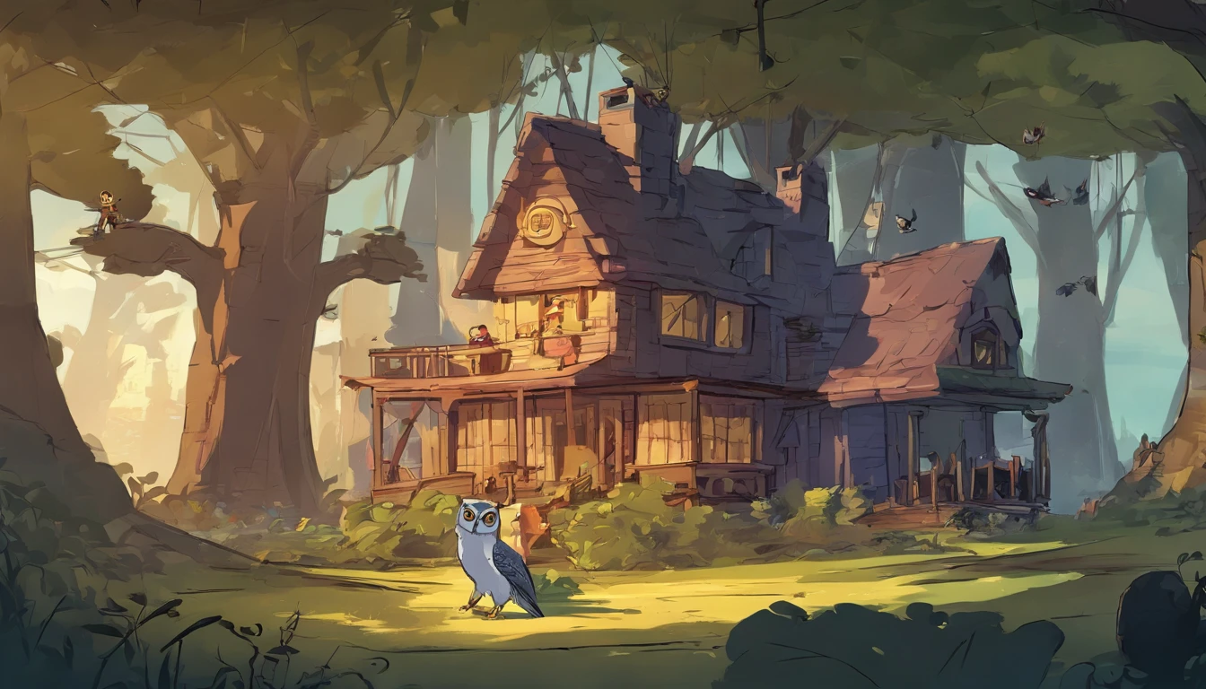 O Elenco de The Owl House Inteiro ,Junto Numa Imagem com a paisagem da casa Coruja