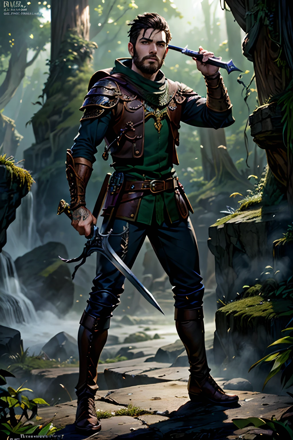 masterpiece, best quality, ultra wide shot, fantasy art, dnd art, rpg art, realistic art, a man looks like Stephen Amell (Masterpiece, best quality: 1.6) young male Ranger holding a short sword in one hand and a tomahawk in the other, medium length brown hair with a light beard, full body, [[anatomically correct]] [full body] (Masterpiece, best quality: 1.5), (Masterpiece, best quality: 1.6), holding an [epic magical sword] (Masterpiece, best quality: 1.5) holding [magical sword glowing in blue light] (intricate details, Masterpiece, best quality: 1.5) . in fantasy forest (intricate details, Masterpiece, best quality: 1.5), a male human (Masterpiece, best quality: 1.5), wearing woodland color leather armor dressed for hunting with a backpack (intricate details, Masterpiece, best quality: 1.5) , leather boots, ultra detailed face (intricate details, Masterpiece, best quality: 1.5) , thick hair, dynamic hair, intense eyes, fantasy forest (intense details), sun light, backlight, depth of field (intricate details, Masterpiece, best quality: 1.5), wayne reynolds art style, short sword in hand, renaissance clothing