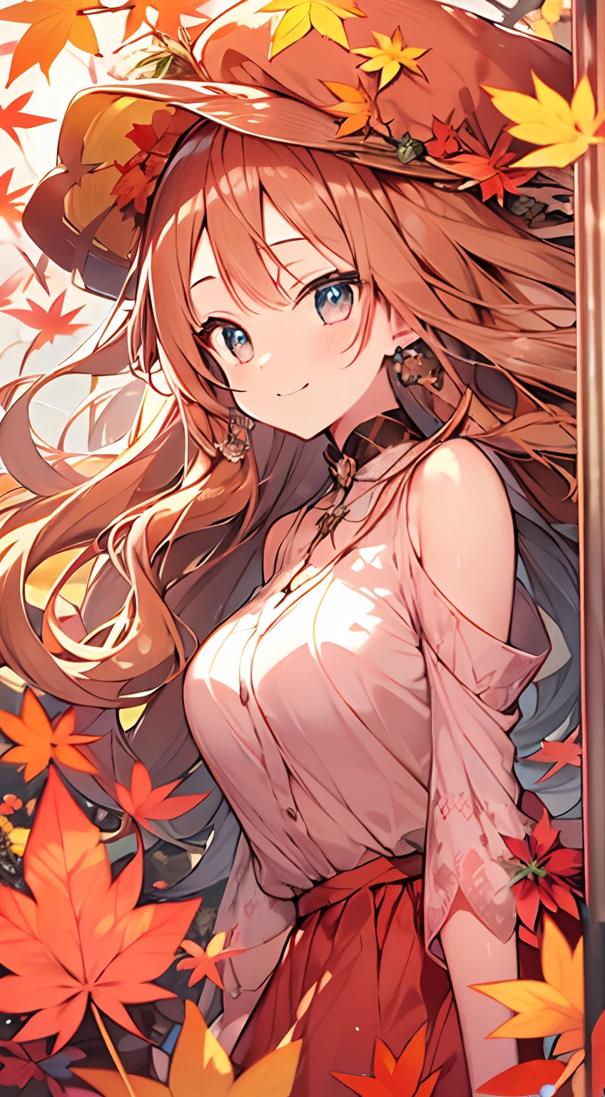 masutepiece, Best Quality,Illustration, Wallpaper, ultra -detail, Absurd beauty, 1beautiful girl、Bright hair color、Glitter and big eyes、Hair fluttering in the wind、ample breasts、♡、Smaller head、Autumn landscape、miscievous smile
