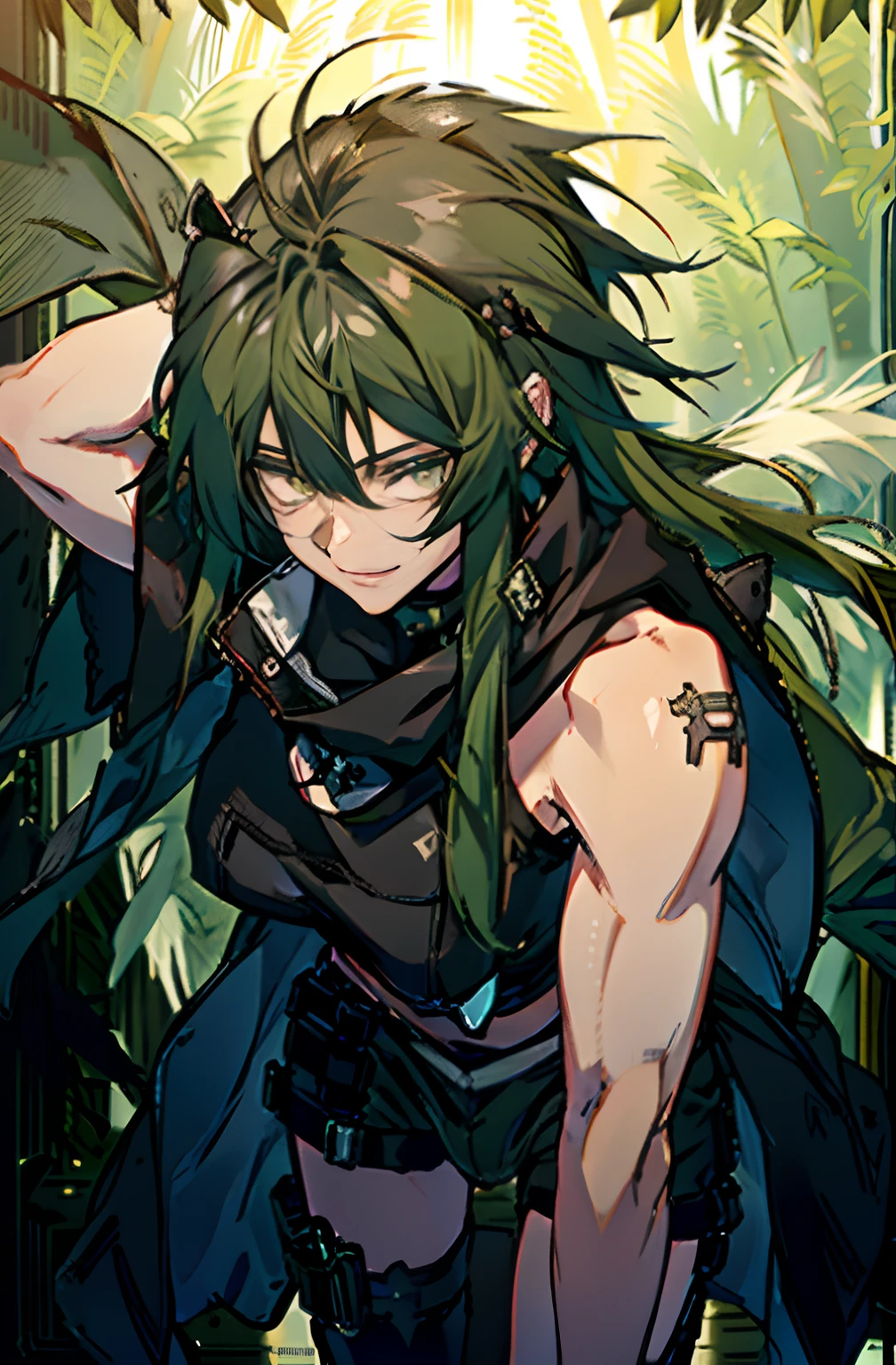 Pure sky，mechanical leg，Black mechanical legs，Plump legs，Green gem setting，Anime girl standing gracefully on the ground，Black cape and green hair, rogue anime girl, Anime girl standing, Wearing a cloak on the blasted plain, asuka suit under clothes!, Cyborg girl, badass posture, mechanic punk outfit, anime styled 3d, render of a cute 3d anime girl, gapmoe yandere grimdark, Female character，musculature，Abs，Glowing green eyes，Black hair with green gradient，short detailed hair，Bunched hair，Dull hair，（Muscle 2.0），Tomboyish，Be red in the face，looking at viewert，Elaborate Eyes，Black mechanical legs，huge tit，1.5，ssmile，Openwork black silk，Straight big breasts，strappy，Black openwork hot pants，White bandeau，Toothless smile，Lower breast，Mechanical wind，There are no cities，Side breasts，Excitation，Top crotch，Sexy lower abdomen，Camel toes，Sexy underarms，ultra gigantic tits，Raise both hands，Tie your hair backhanded，cropped shoulders，mitts