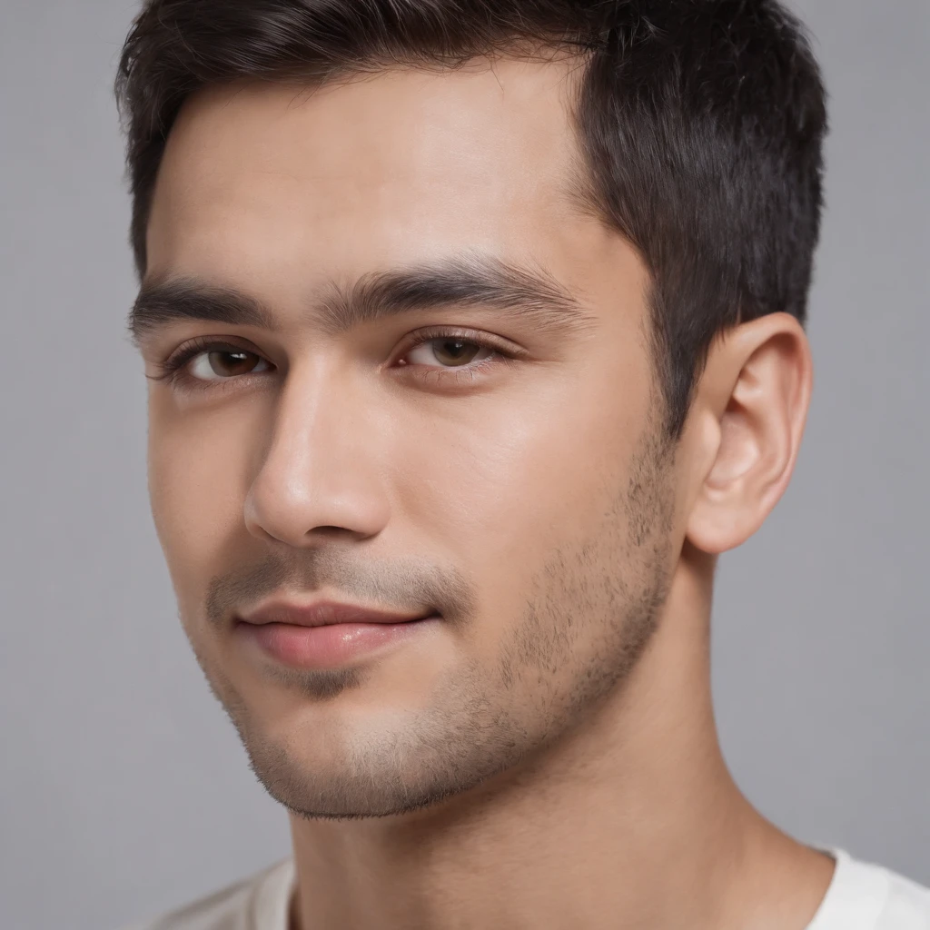 (photo: 1.3) af (realism: 1.3), (Hispanic), Latino man profile, (frontal close-up), soft light, clear face, happy, cheerful, warm light, white T-shirt, (off-white background), (blank background), ((gray wall background)) avatar, (short hair), smile, handsome, young,, short hair, smile, (close-up)