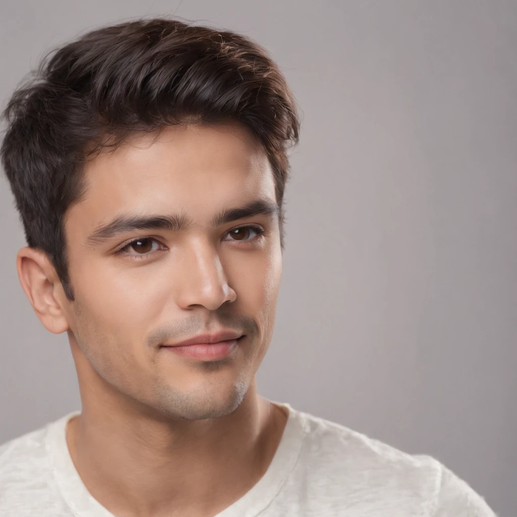 (photo: 1.3) af (realism: 1.3), (Hispanic), Latino man profile, (frontal close-up), soft light, clear face, happy, cheerful, warm light, white T-shirt, (off-white background), (blank background), ((gray wall background)) avatar, (short hair), smile, handsome, young,, short hair, smile, (close-up)