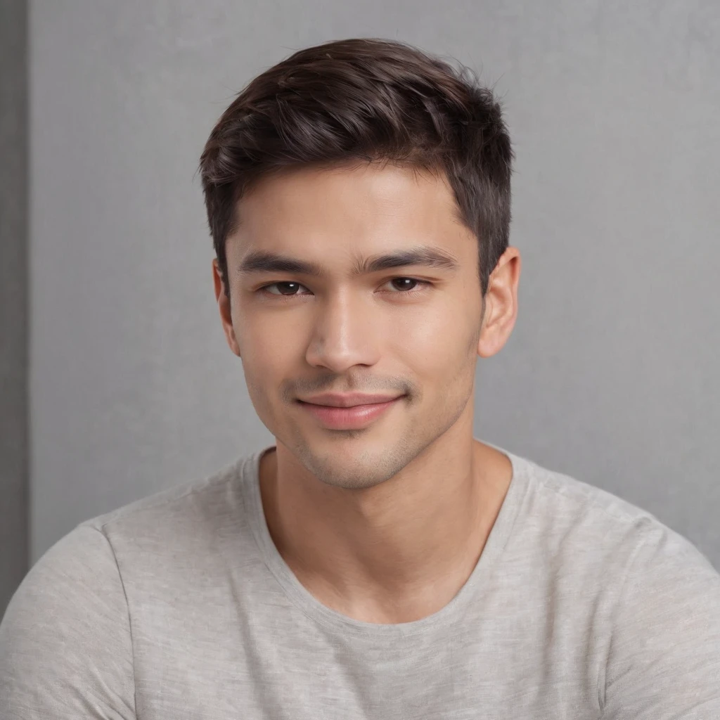 (photo: 1.3) af (realism: 1.3), (Hispanic), Latino man profile, (frontal close-up), soft light, clear face, happy, cheerful, warm light, white T-shirt, (off-white background), (blank background), ((gray wall background)) avatar, (short hair), smile, handsome, young,, short hair, smile, (close-up)
