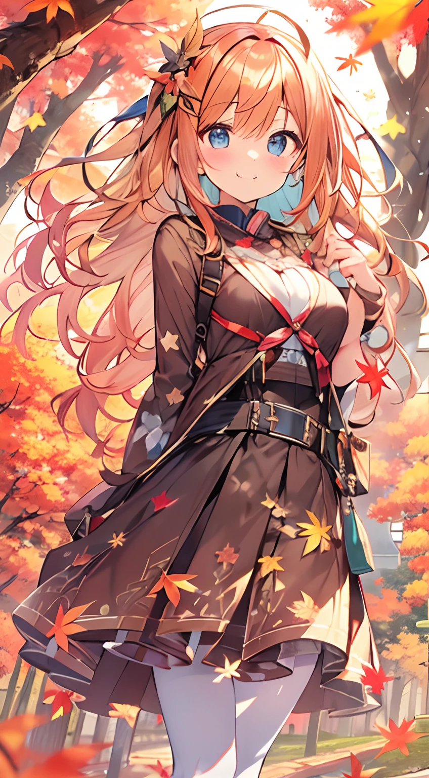 masutepiece, Best Quality,Illustration, Wallpaper, ultra -detail, Absurd beauty, 1beautiful girl、Bright hair color、Glitter and big eyes、Hair fluttering in the wind、ample breasts、♡、Smaller head、Autumn landscape、miscievous smile