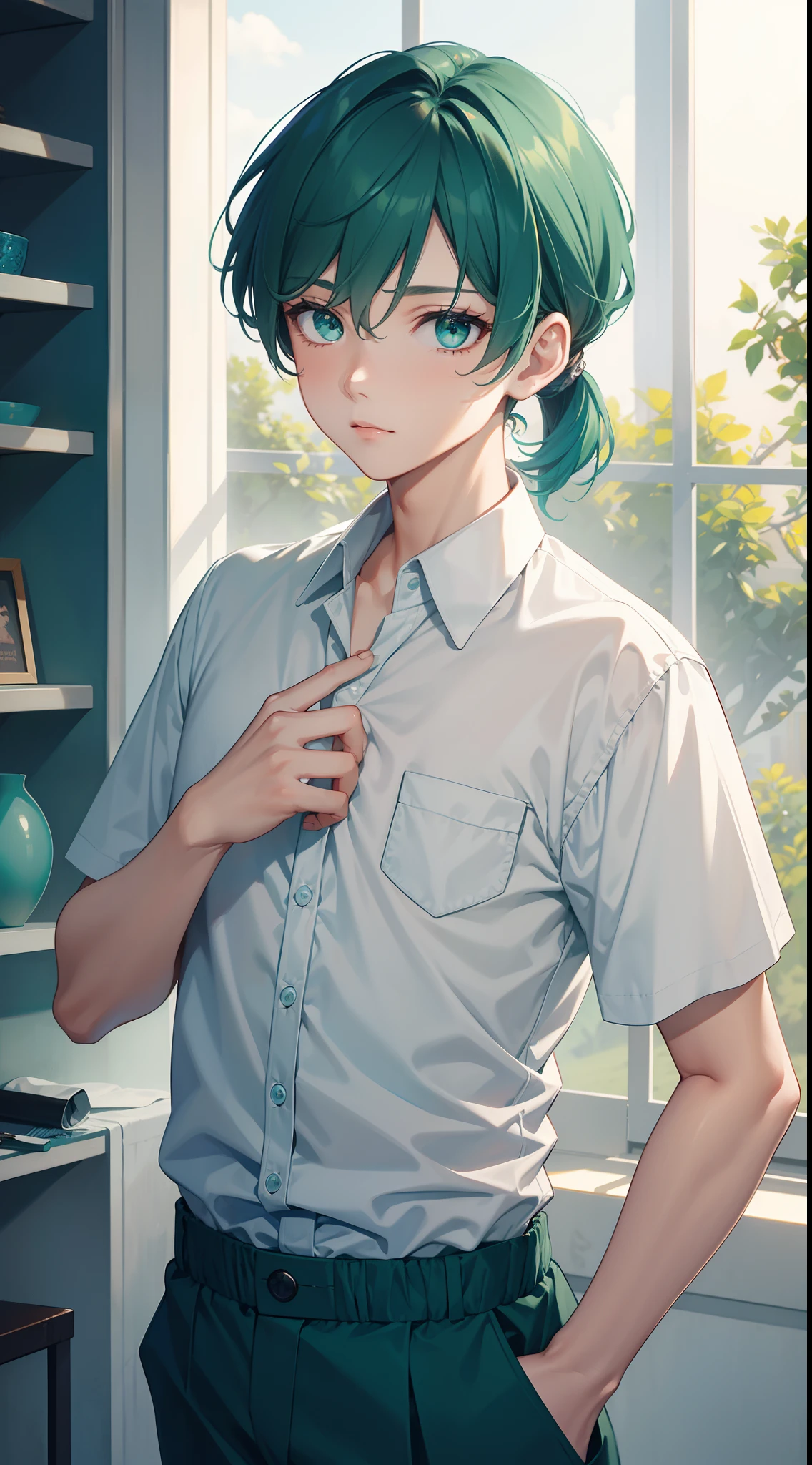 young boy, short turquoise hair, high ponytail, Green eyes, White beautiful shirt, pants, brushes, Masterpiece, hiquality, 4k, HD, Good detail