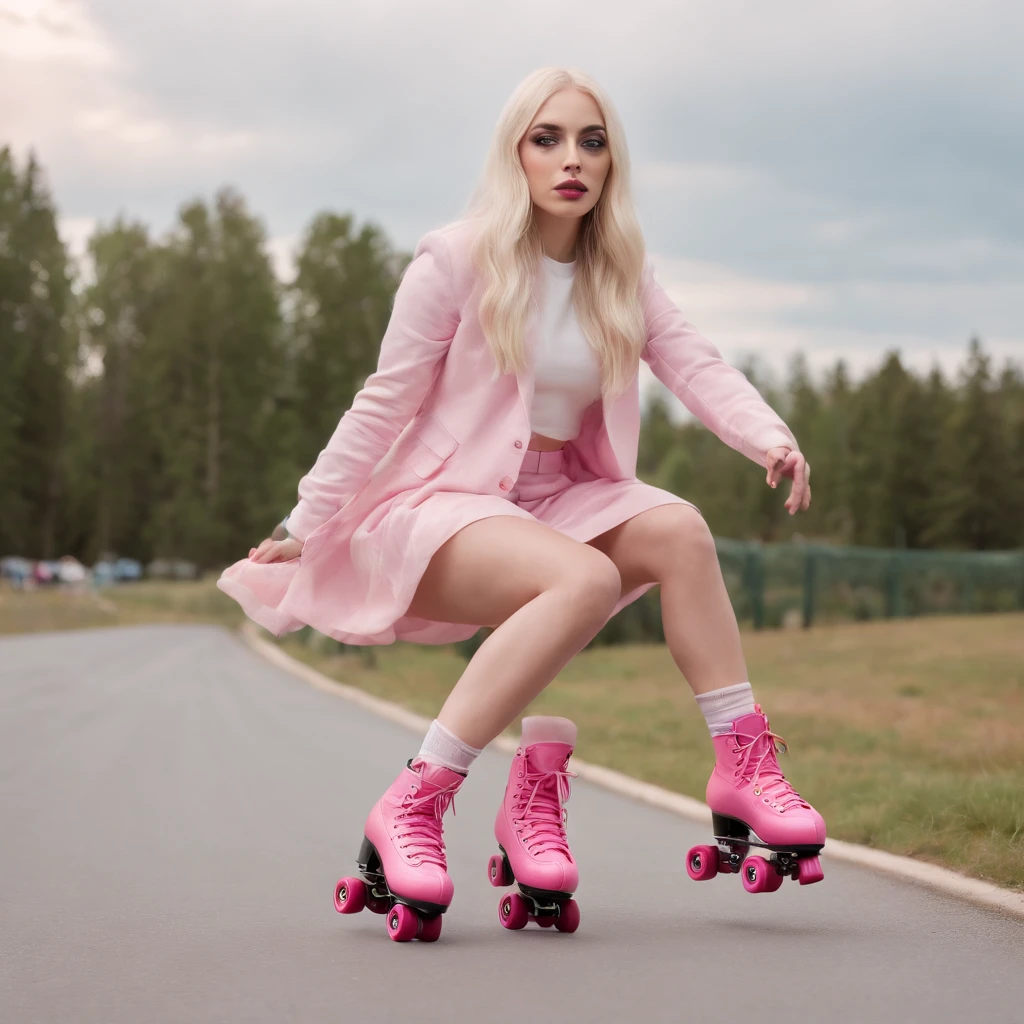 Ava Max on roller skates blowing smoke from pink roller skates