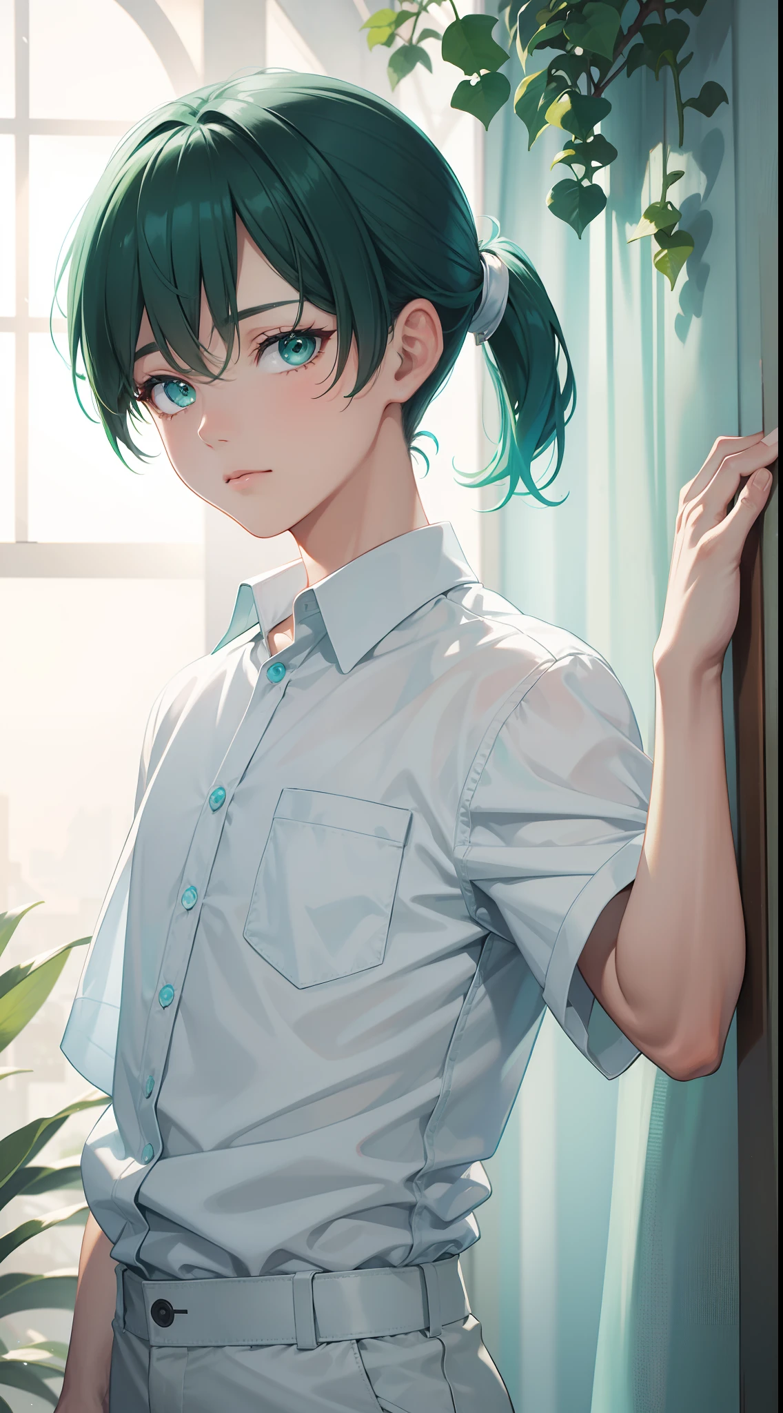 young boy, short turquoise hair, high ponytail, Green eyes, White beautiful shirt, pants, brushes, Masterpiece, hiquality, 4k, HD, Good detail
