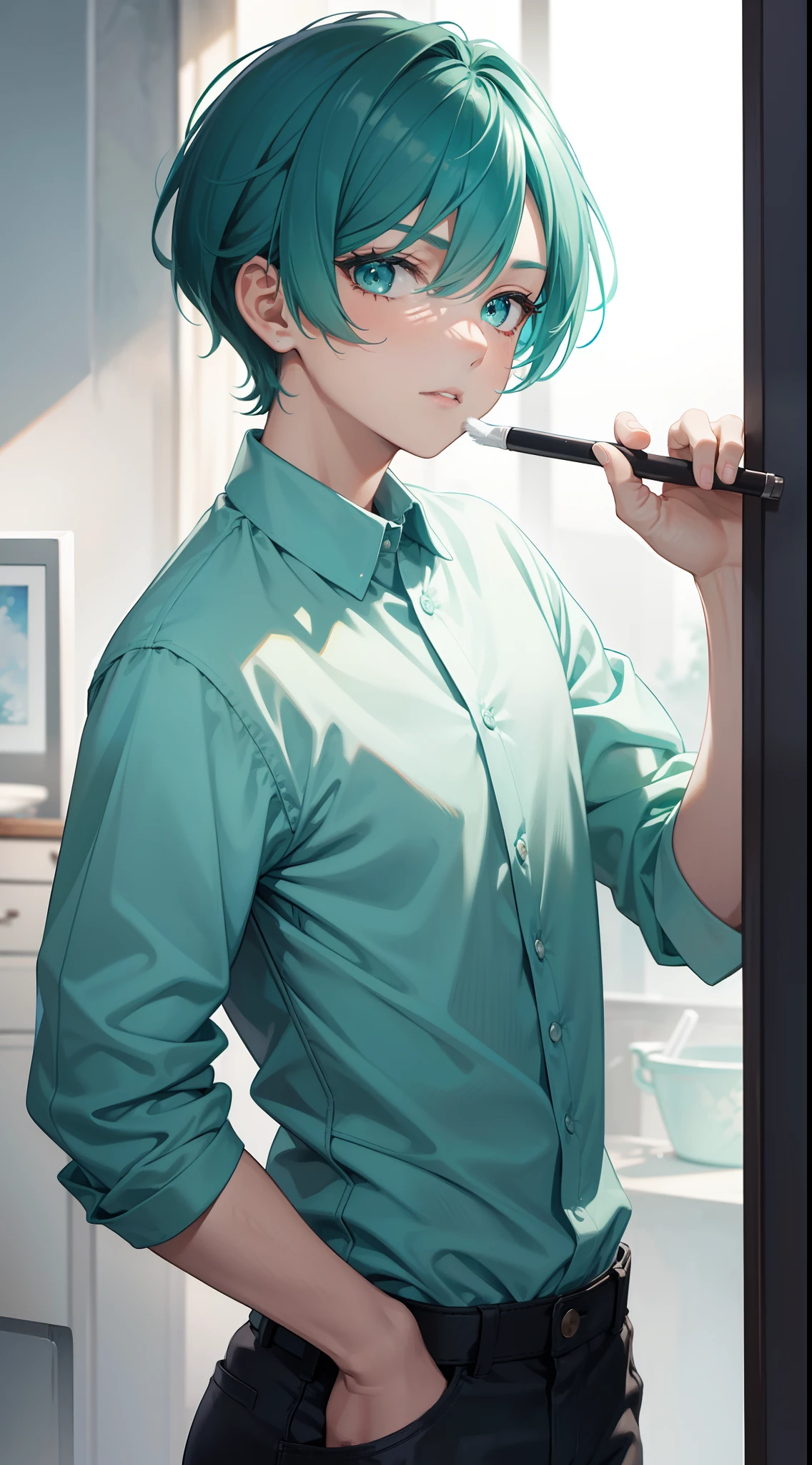 young boy, short turquoise hair, high ponytail, Green eyes, White beautiful shirt, pants, brushes, Masterpiece, hiquality, 4k, HD, Good detail