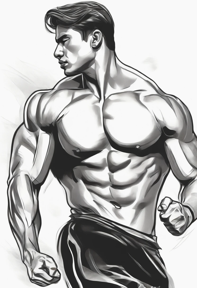 Sketch of rough coal without background, Muscular male figure,Chinese handsome，Running stance,Black sports short sleeves，Black sports shorts，Side full body sketch，Clean line art,+Expressive lines,In the expressive sketch painting style, hatching, Black and white sketch, handpainted, Linear style::Sketch note style sketch