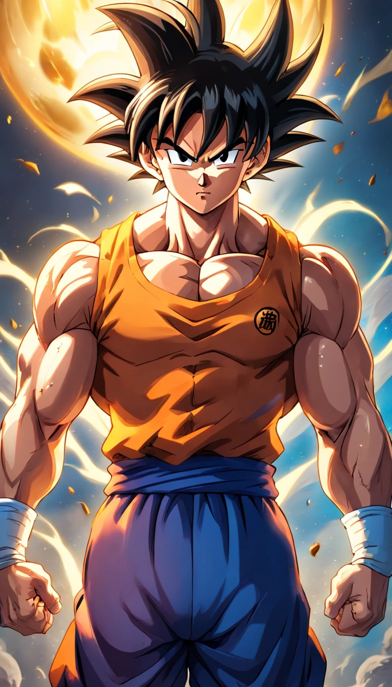 Goku Dragon Ball Super , full body, (((super strong, muscular, abs, bodybuilder))) colored, illustration, soft lighting, soft details, painting oil on canvas, octane render, HDR, trending on artstation, 4k, 8k, HD