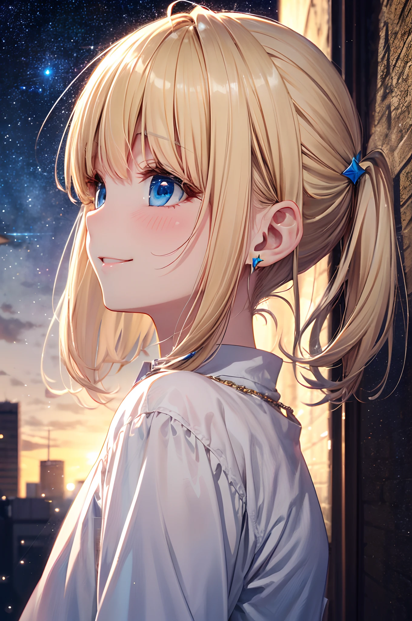 absurderes, ultra-detailliert,bright colour, extremely beautiful detailed anime face and eyes,octane, skyporn, Star (skyporn), (Starry sky:1.5), Night, 1girll, nigh sky, Solo, Outdoors, building, cloud, Milky way, city, silhuette, Cityscape, (look up sky:1.5),(From Side:1.5),Beautiful night sky, Ray tracing,Short hair, , asymmetrical bangs, Blonde hair with short twin tails, Shiny hair, Delicate beautiful face, Happy smiling face、red blush、(Deep Blue Eyes:1.4)White skin, hair clips, earrings, a necklace,