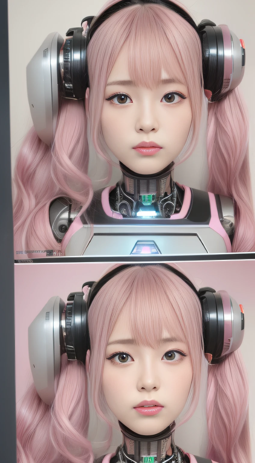 (Photorealsitic:1.4)、(Robot Girl)、(9Head and body)、(pink there)、(metalic)、(is standing)