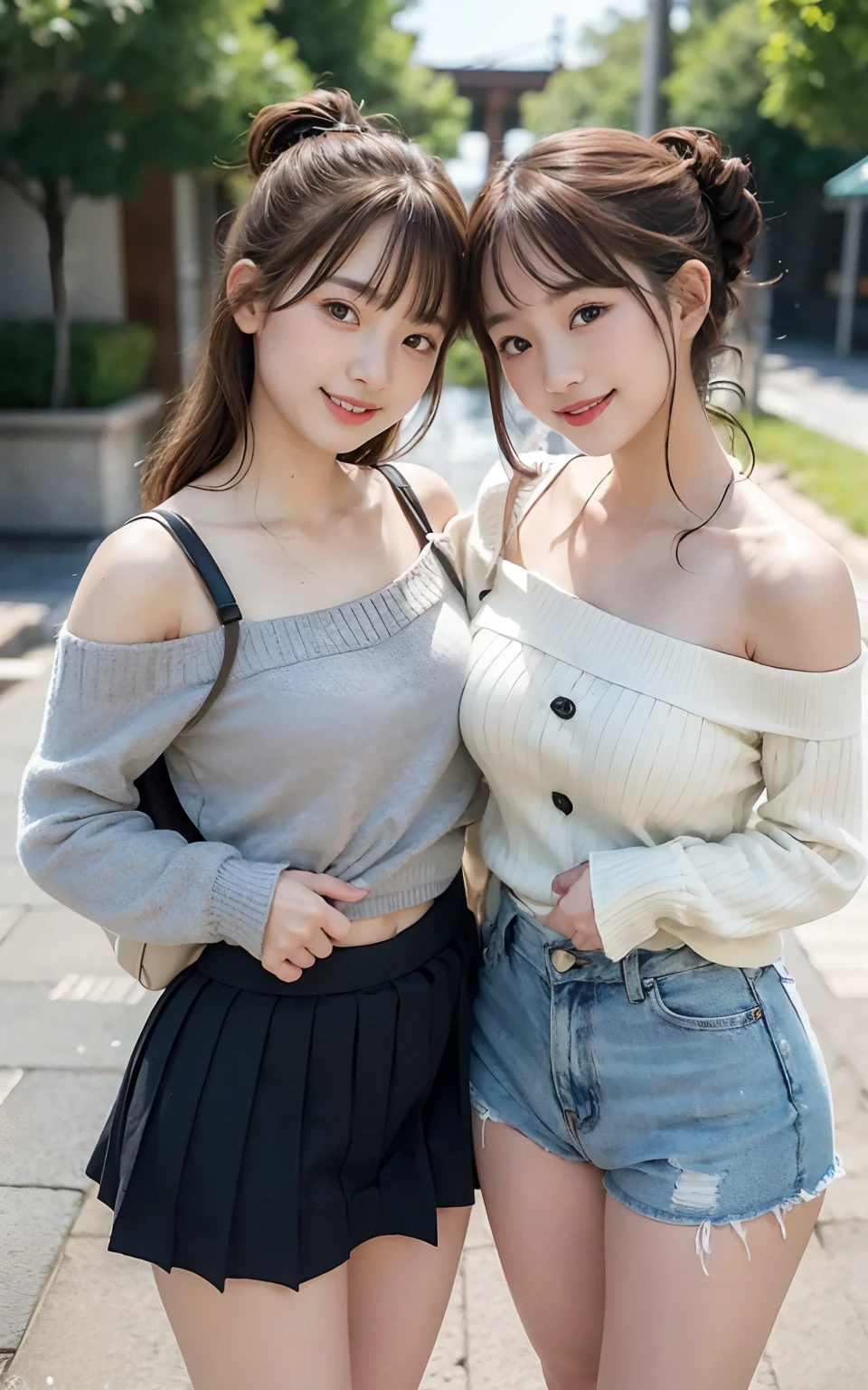 (2 girls of the same age:1.2) , couple focus, Adorable, , Upper body, japanaese girl, Stand next to each other ,  Off-the-shoulder summer sweater  , Skirt,  (Smile), hair scrunchie,  (High color saturation:1), Best Quality, 超A high resolution, photographrealistic, ultra-detailliert, 8K, Raw photo, (Breast),(skirt rift:1.0)