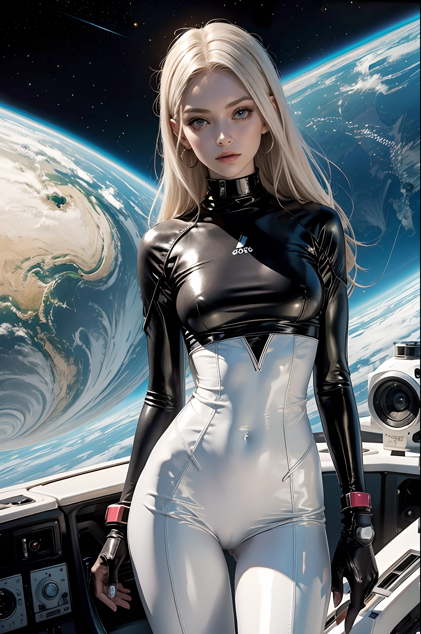very skinny white girl cabelos pretos encaracolados e curtos, roupas brancas de latex coladas ao corpo, muito linda, muito atraente, muito magra, inside a spacecraft