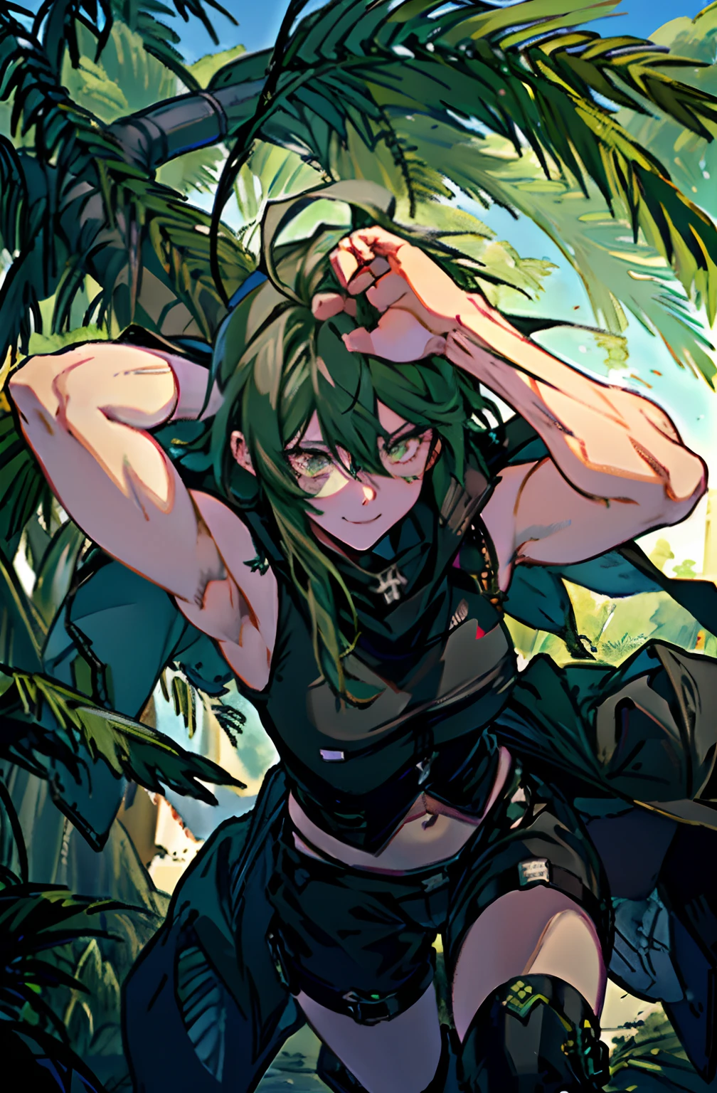 Pure sky,mechanical leg,Black mechanical legs,Plump legs,Green gem setting,Anime girl standing gracefully on the ground,Black cape and green hair, rogue anime girl, Anime girl standing, Wearing a cloak on the blasted plain, asuka suit under clothes!, Cyborg girl, badass posture, mechanic punk outfit, anime styled 3d, render of a cute 3d anime girl, gapmoe yandere grimdark, Female character,musculature,Abs,Glowing green eyes,Black hair with green gradient,short detailed hair,Bunched hair,Dull hair,(Muscle 2.0),Tomboyish,Be red in the face,looking at viewert,Elaborate Eyes,Black mechanical legs,huge tit,1.5,ssmile,Openwork black silk,Straight big breasts,strappy,Black openwork hot pants,White bandeau,Toothless smile,Lower breast,Mechanical wind,There are no cities,Side breasts,Excitation,Top crotch,Sexy lower abdomen,Camel toes,Sexy underarms,ultra gigantic tits,Raise both hands,Tie your hair backhanded