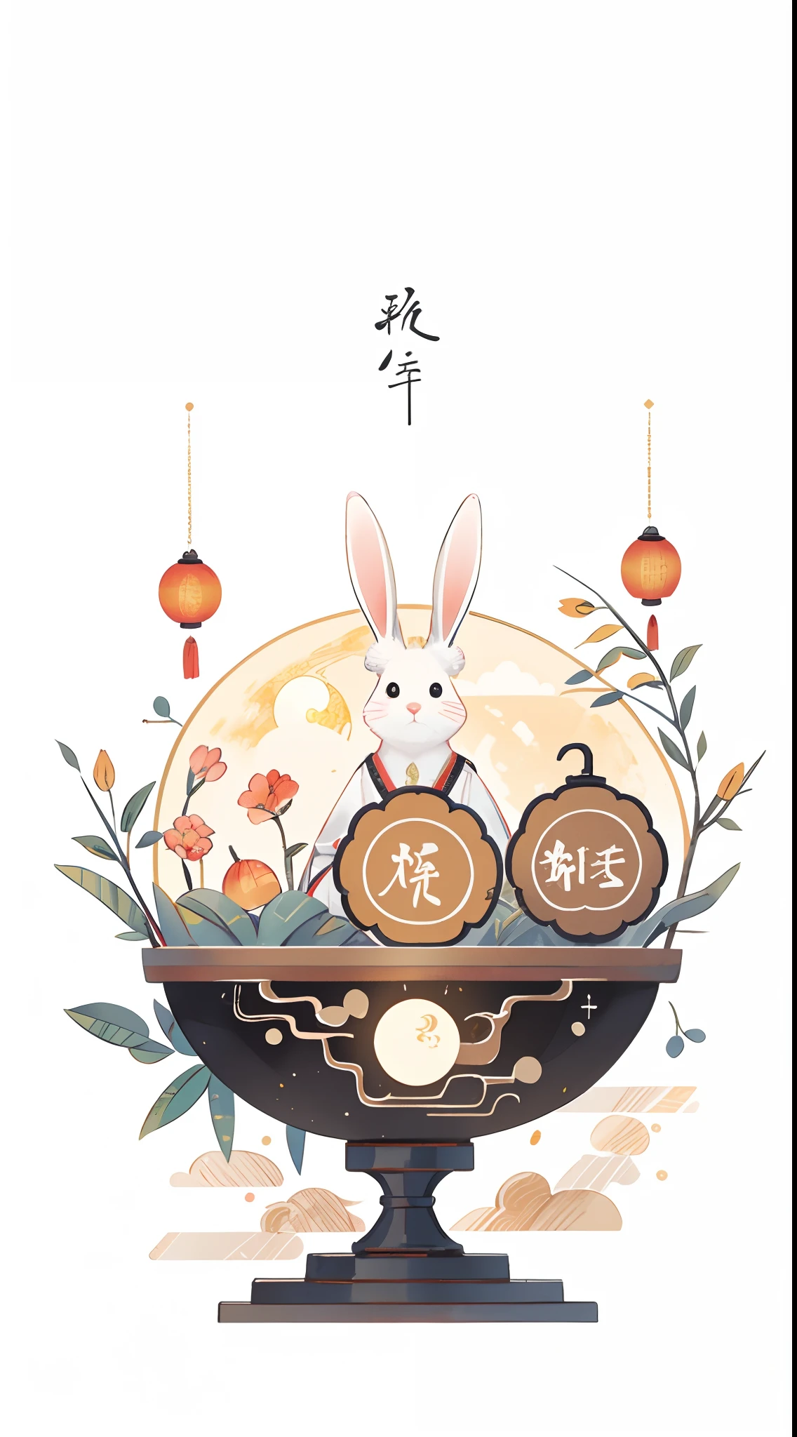 （A rabbit：1.4）, sat on the ground, Looking up, （（Mid-Autumn Festival atmosphere，sweet osmanthus，Kongming Lantern，Meniscus，Moon cake）），（Chinese kanji：1.3），Chinese Traditional illustration style, Digital art, Simple background, Masterpiece on white background, Best quality, Ultra-detailed, High quality, 4K