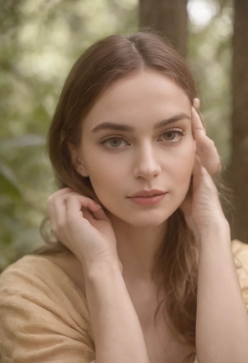 Fotografia de uma linda na casa dos 20 anos de pijama liso em um longo pano amarelo, Sentado em um tronco em uma floresta enevoada, Cabelos amarelos abundantes, Franja arbustiva, Olhos brilhantes e bonitos, symmetric beautiful face, Cara fofa e inocente, sem maquiagem, Unadorned, filmic grain, Fotos de sonho, foto conceitual, Fotografia emocional, cinematic movie photograph, fotografia realista, realisitic, foco nítido, 14k, altamente detalhado, Sociedade CG, ultra-definition, Very fine grain, Fotos empoeiradas, Grain Filter