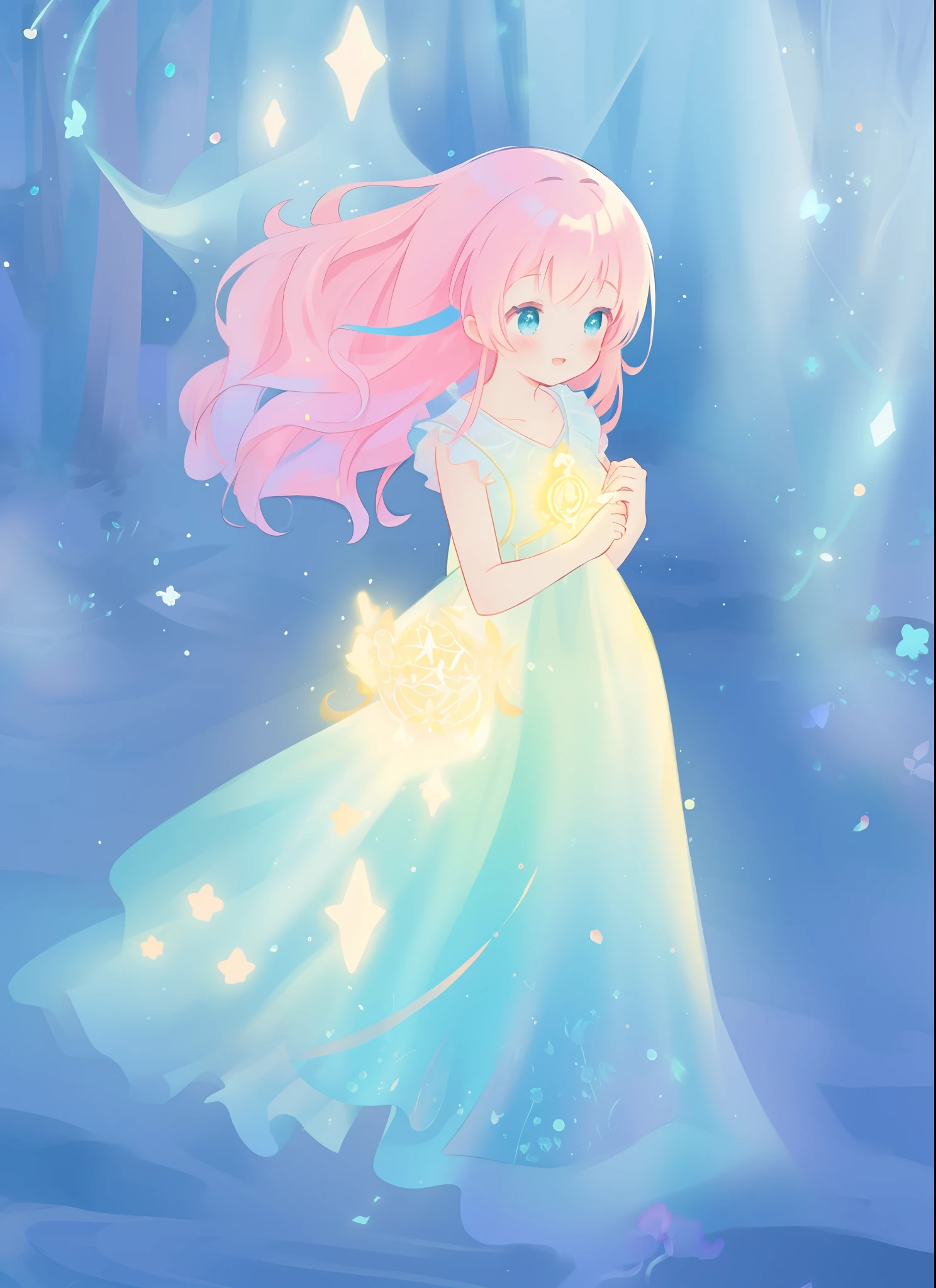 beautiful girl in layered ballgown, flowing long hair, multi-layered ballgown, intricately detailed dress, colorful lights, pastel colors, magical, whimsical, sparkling, inspired by Glen Keane, inspired by Lois van Baarle, disney art style, by Lois van Baarle, glowing aura around her, by Glen Keane, jen bartel, glowing lights! digital painting, flowing glowing hair, glowing flowing hair, beautiful digital illustration, fantasia otherworldly landscape plants flowers, beautiful, masterpiece, best quality, anime disney style