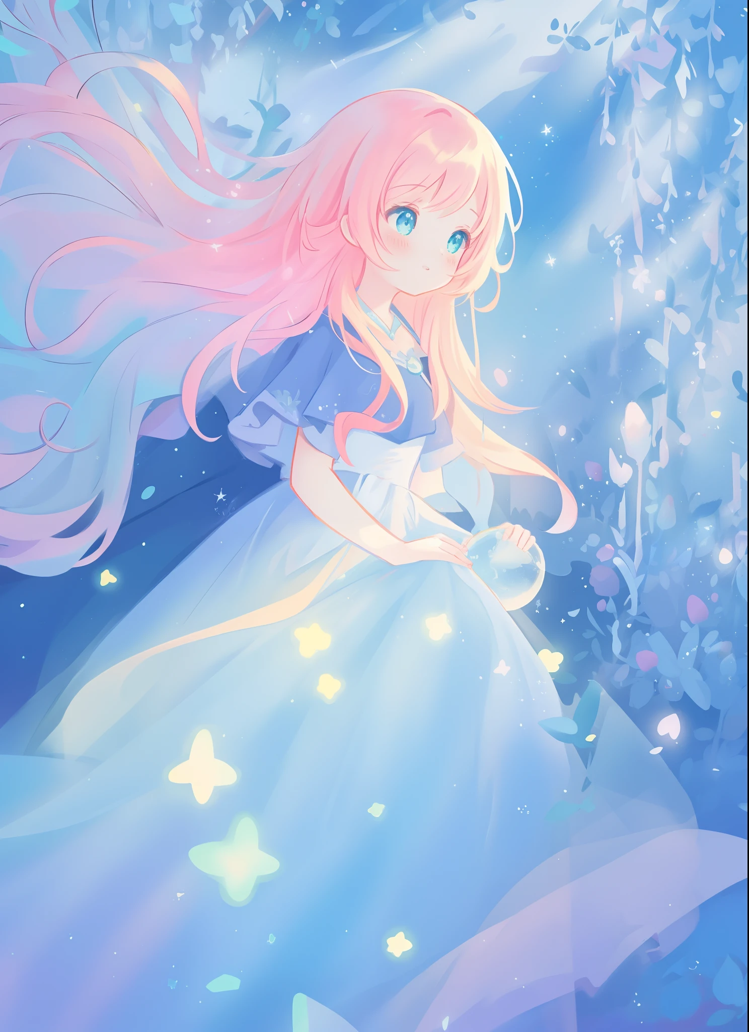 beautiful girl in layered ballgown, flowing long hair, multi-layered ballgown, intricately detailed dress, colorful lights, pastel colors, magical, whimsical, sparkling, inspired by Glen Keane, inspired by Lois van Baarle, disney art style, by Lois van Baarle, glowing aura around her, by Glen Keane, jen bartel, glowing lights! digital painting, flowing glowing hair, glowing flowing hair, beautiful digital illustration, fantasia otherworldly landscape plants flowers, beautiful, masterpiece, best quality, anime disney style