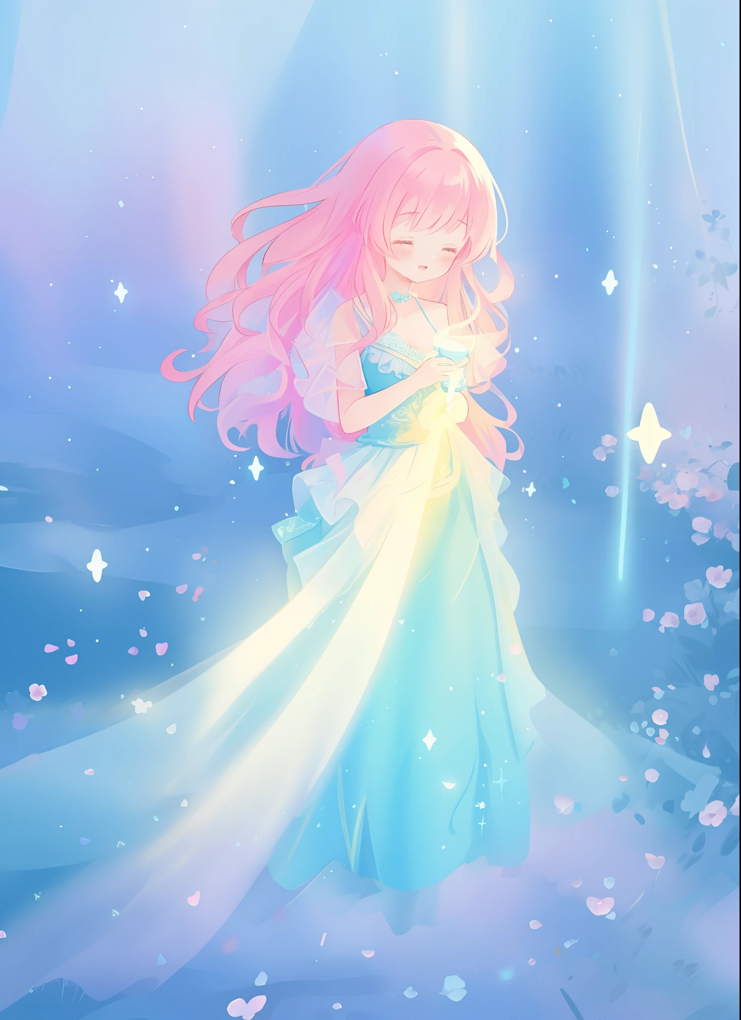 beautiful girl in layered ballgown, flowing long hair, multi-layered ballgown, intricately detailed dress, colorful lights, pastel colors, magical, whimsical, sparkling, inspired by Glen Keane, inspired by Lois van Baarle, disney art style, by Lois van Baarle, glowing aura around her, by Glen Keane, jen bartel, glowing lights! digital painting, flowing glowing hair, glowing flowing hair, beautiful digital illustration, fantasia otherworldly landscape plants flowers, beautiful, masterpiece, best quality, anime disney style
