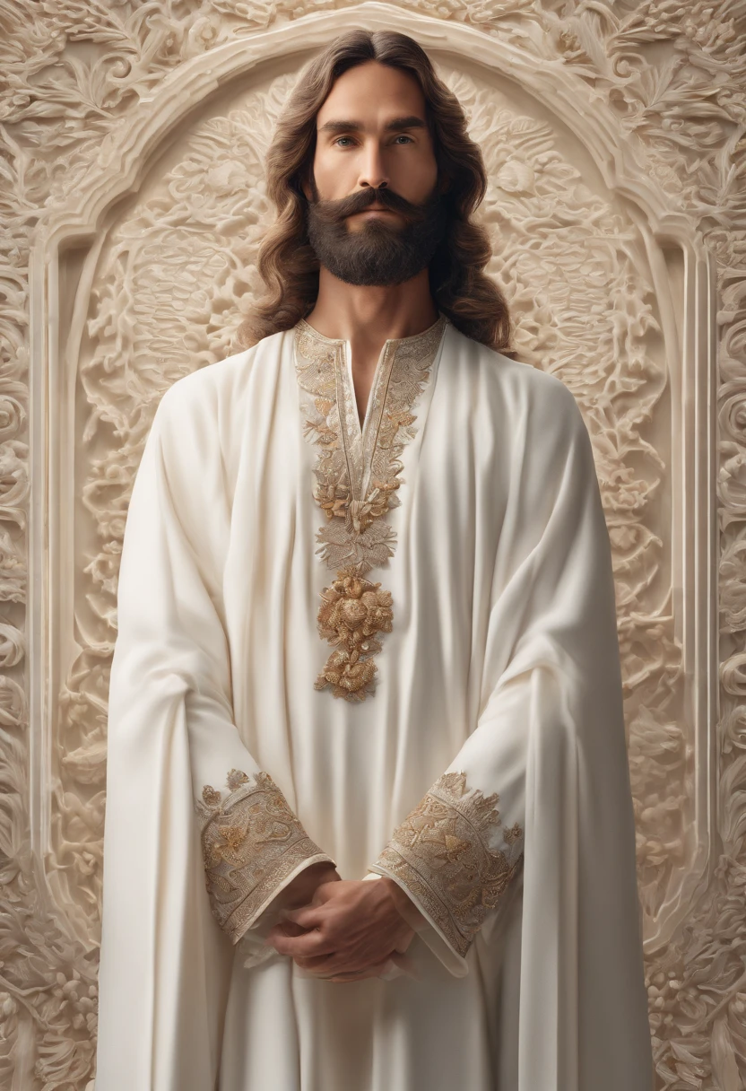 (symmetry),centered,a ((close)) up portrait,(Jesus),a very thin white man with long hair and a beard,wearing a long white robe,35mm,natural skin,clothes detail, 8k texture, 8k, insane details, intricate details, hyperdetailedhighly detailed,realistic,soft cinematic light,HDR,sharp focus, ((((cinematic look)))),intricate, elegant, highly detailed