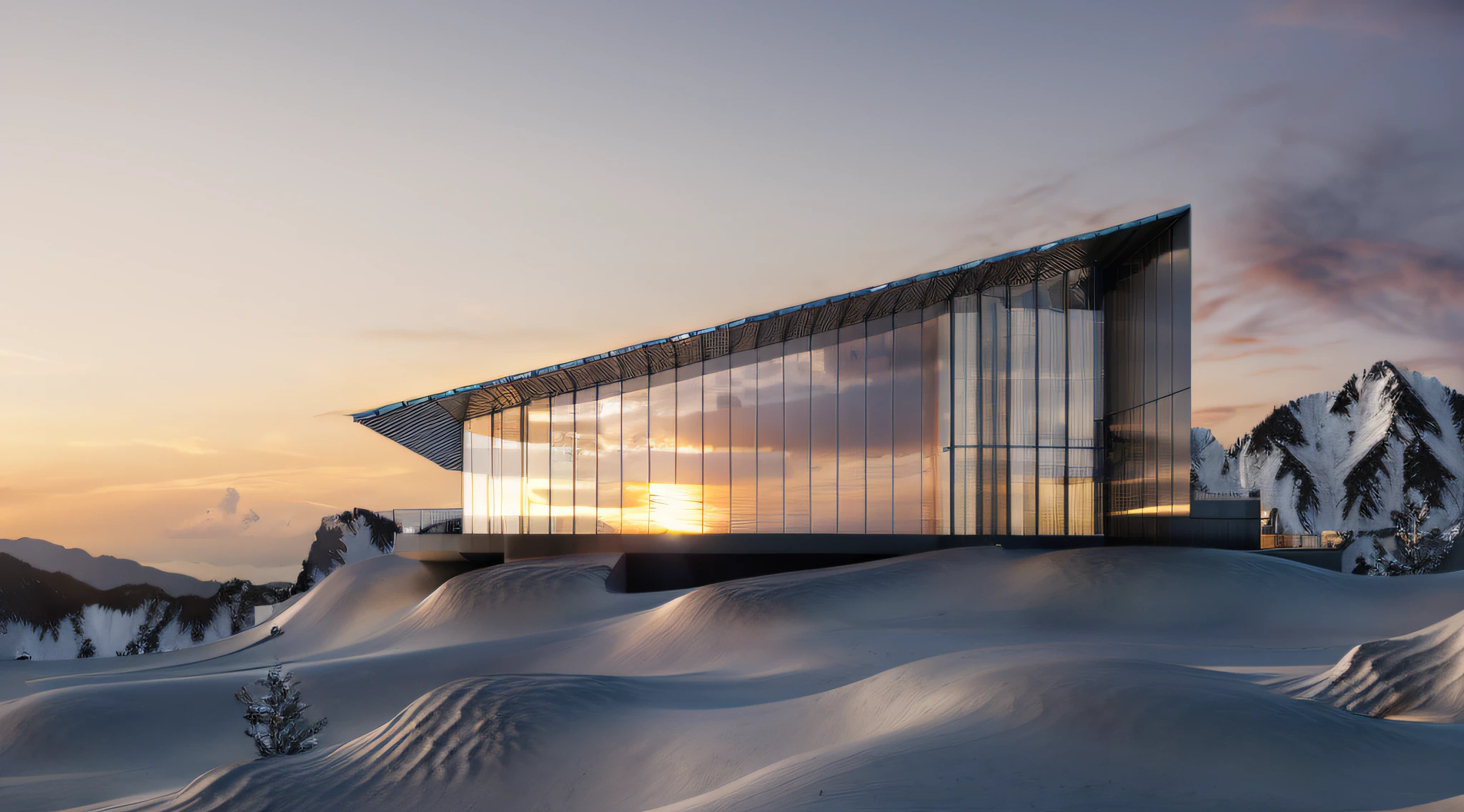 ((masterpiece, best quality)), 8k, modern architecture style, photo realistic, david chipperfield, hyper detailed photo, single box, a digital 3d render of a building, Glass building, leansflare, Snow mountain, Sunset or dawn