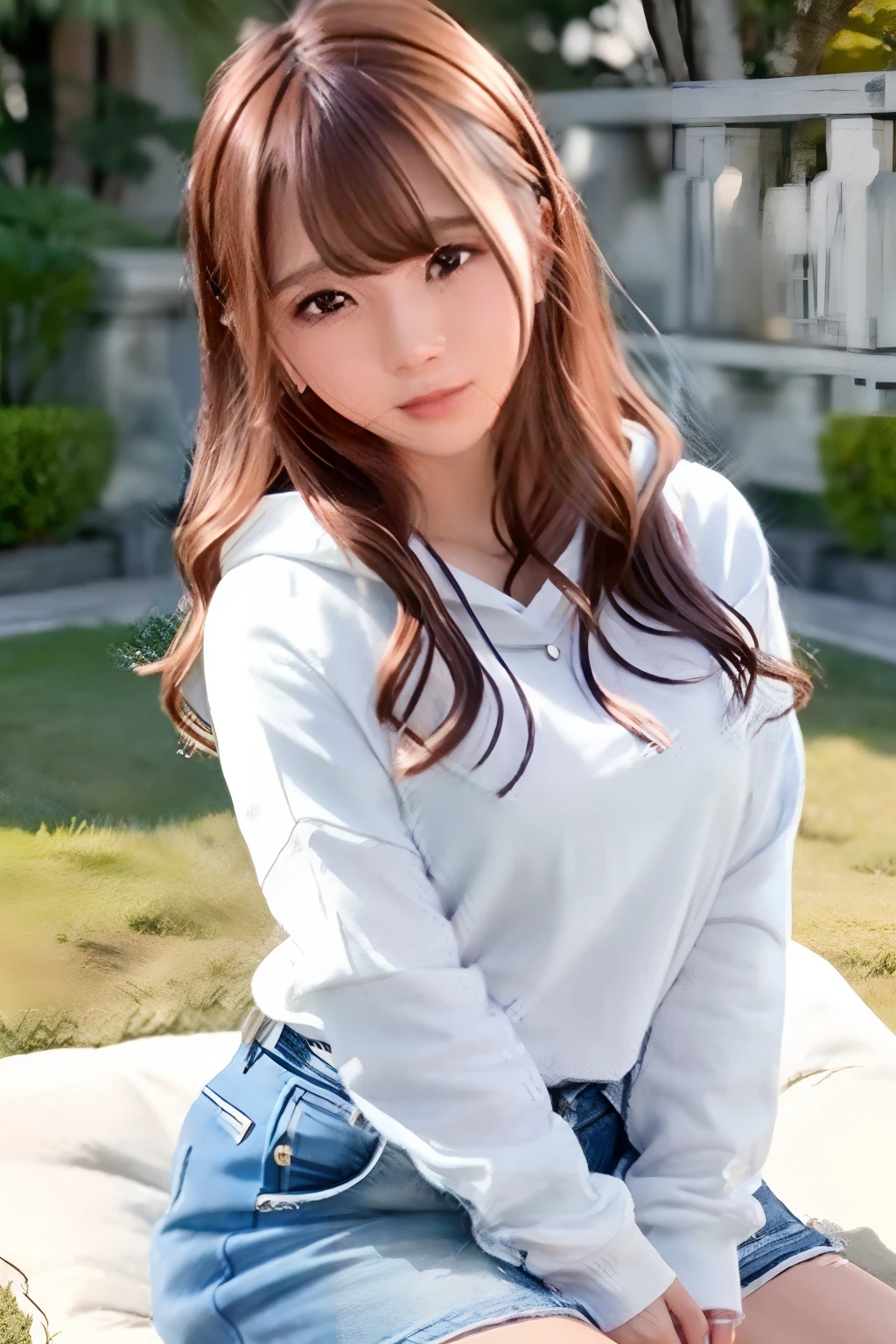 (Skin blemishes:1.2),1womanl, 21years old, (((femele))), (Skindentation), a gorgeous, realisitic, top-quality, Photorealsitic, ​masterpiece, 8K, hight resolution, extra detailed face,   passport photo, fullface, (profetional lighting、bokeh dof), (light particules、lensflare、Luminous particles:0.6)、(dynamicposes:1.2)、Soft lighting、Top Angle View、Fashionable and trendy atmosphere、((Look at viewers))、 (looking in camera)、(portlate:0.6)、is standing、close up of face、(middlebreasts:1)、(The long-haired)、​masterpiece, top-quality, Hi-Res, girl with,  Wear a big hoodie、Denim skirt, jewely, 耳?????? Ring, Park background、Pink bed、Platform sneakers、caps