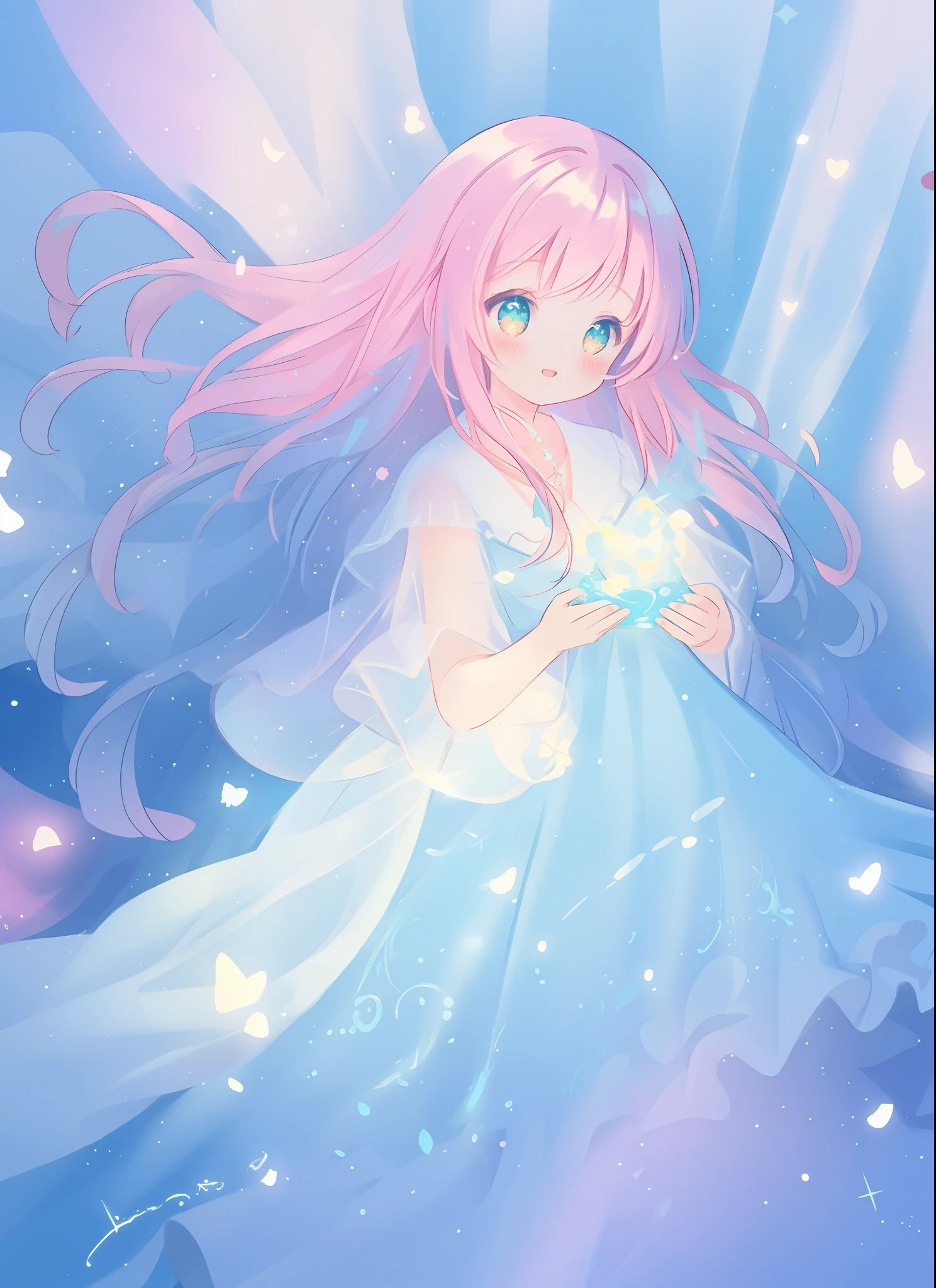 beautiful girl in layered ballgown, flowing long hair, multi-layered ballgown, intricately detailed dress, colorful lights, pastel colors, magical, whimsical, sparkling, inspired by Glen Keane, inspired by Lois van Baarle, disney art style, by Lois van Baarle, glowing aura around her, by Glen Keane, jen bartel, glowing lights! digital painting, flowing glowing hair, glowing flowing hair, beautiful digital illustration, fantasia otherworldly landscape plants flowers, beautiful, masterpiece, best quality, anime disney style