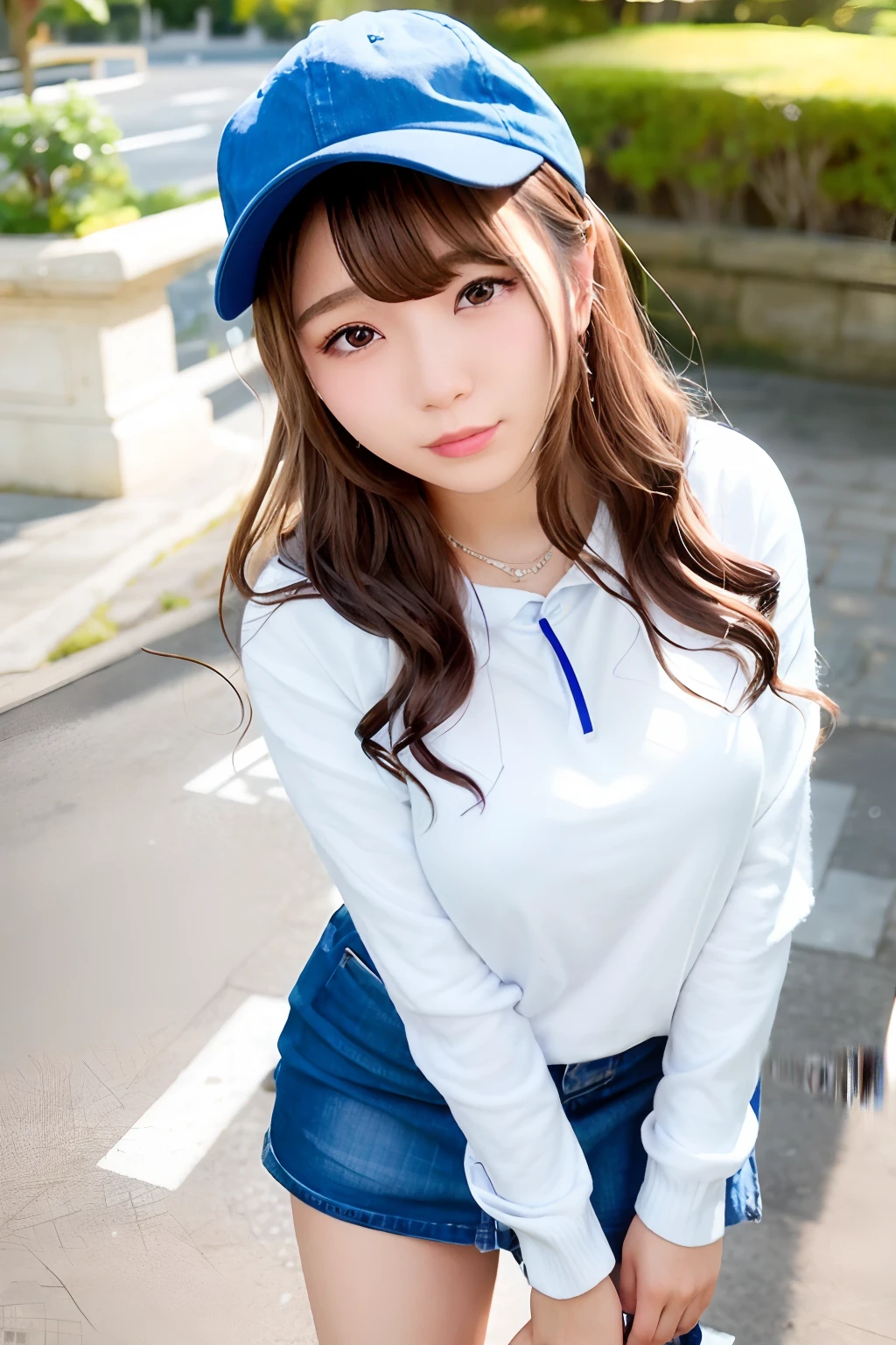 (Skin blemishes:1.2),1womanl, 21years old, (((femele))), (Skindentation), a gorgeous, realisitic, top-quality, Photorealsitic, masterpiece, 8K, hight resolution, extra detailed face, passport photo, fullface, (profetional lighting、bokeh dof), (light particules、lensflare、Luminous particles:0.6)、(dynamicposes:1.2)、Soft lighting、Top Angle View、Fashionable and trendy atmosphere、((Look at viewers))、 (looking in camera)、(portlate:0.6)、is standing、close up of face、(middlebreasts:1)、(The long-haired)、masterpiece, top-quality, Hi-Res, girl with, Wear a big hoodie、Denim skirt, jewely, 耳Nipple Ring, Park background、Pink bed、Platform sneakers、caps
