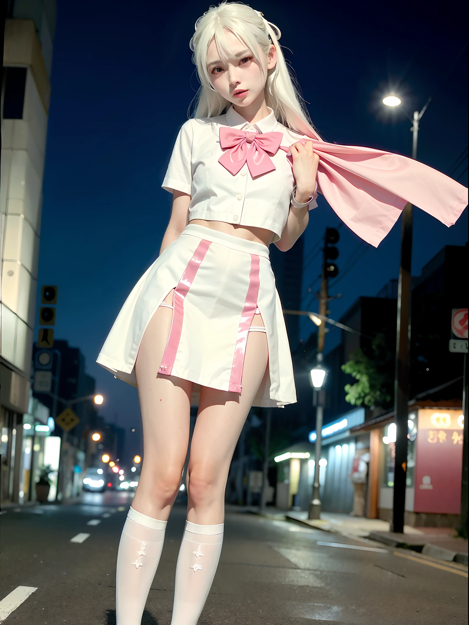 Full body like，(8K, RAW photo, Best quality, Mastery:1.3),(Realistic,photo-realistic:1.37),(Night),(looking viewer:1.331),(White hair),posing on a,Tokyo Street,nightcityscape,Cyberpunk city ,softlighting,1girll,Extremely beautiful face,chest circumference,putdownhands,Casual hairstyle,The expression is casual,largeeyes,,Alvine,,Style,,(Bow jk_tie),mix4，(RAW photo:1.2)，camel-toe，Hollow-out on，sweat leggs，White liquid， Smooth pink skin, shiny metallic glossy skin, Shiny，spread their legs，M-shaped legs，angry look，sullenness，Irritated，white liquid all over body，Full body like