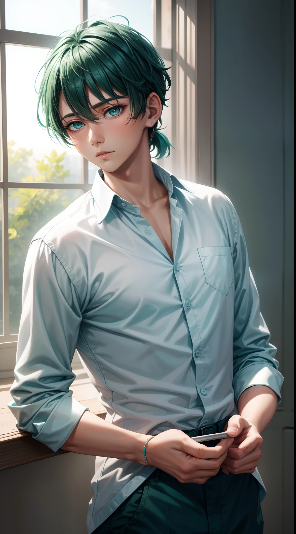 young boy, short turquoise hair, high ponytail, Green eyes, White beautiful shirt, pants, brushes, Masterpiece, hiquality, 4k, HD, Good detail